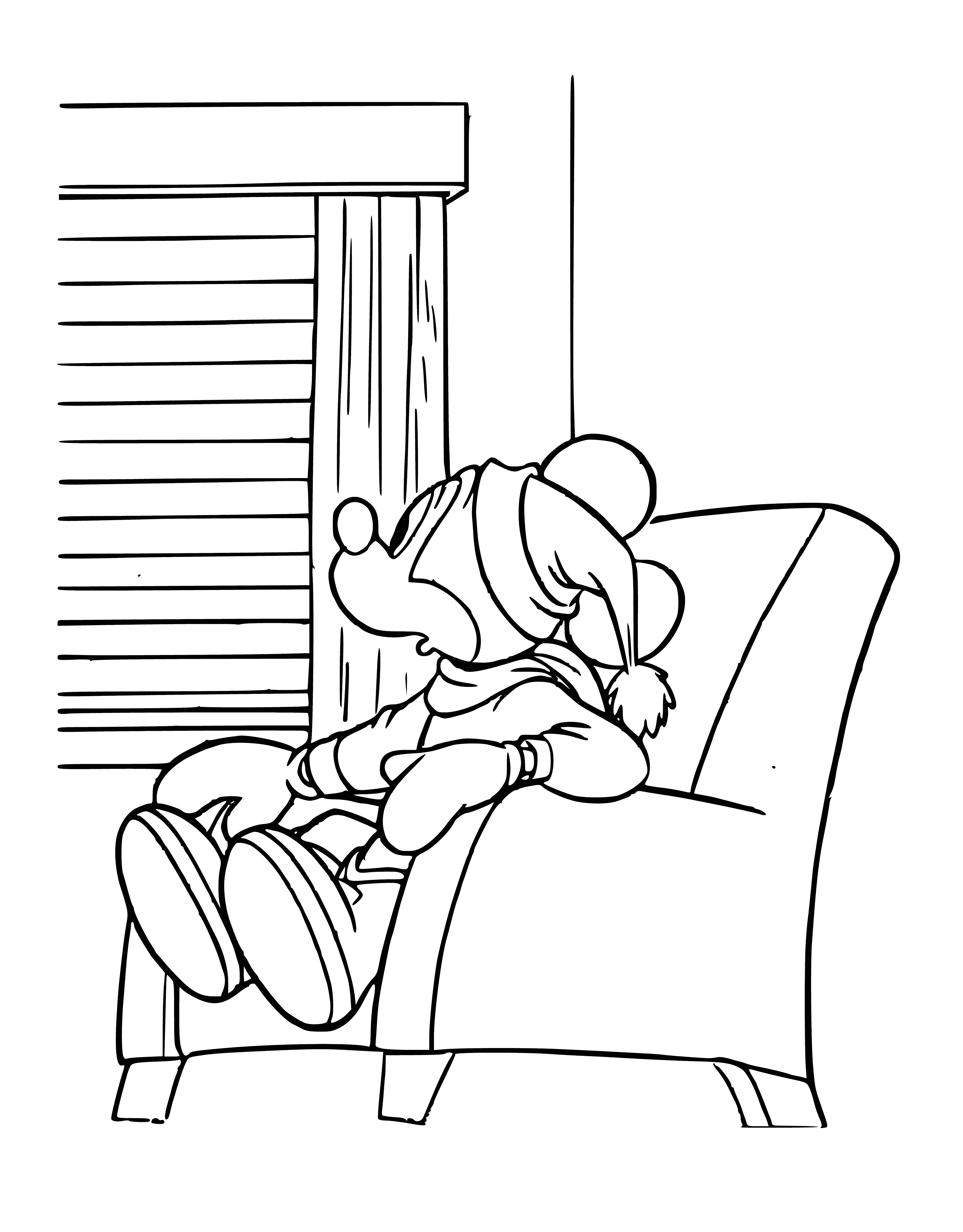 coloring page: A blue armchair with a yellow pillow is the centerpiece, nearby are a brown table, white lamp, bookshelf of books & window framing a view of the city- Mickey Mouse happily reads in the chair.