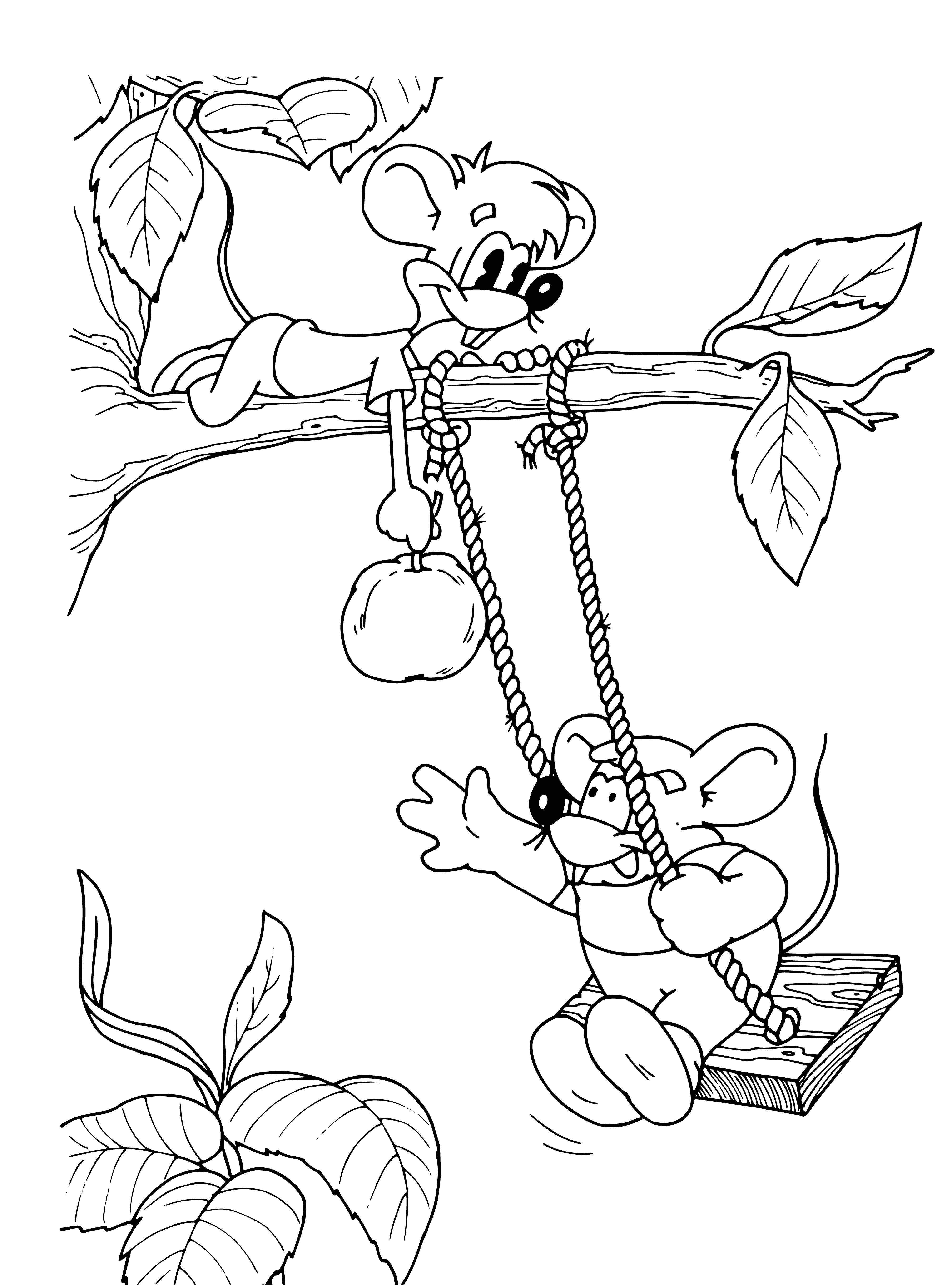 coloring page: A thin black cat stands on a large yellow swing in the top left corner of the coloring page, paw extended in front. Set against a green leafy background.