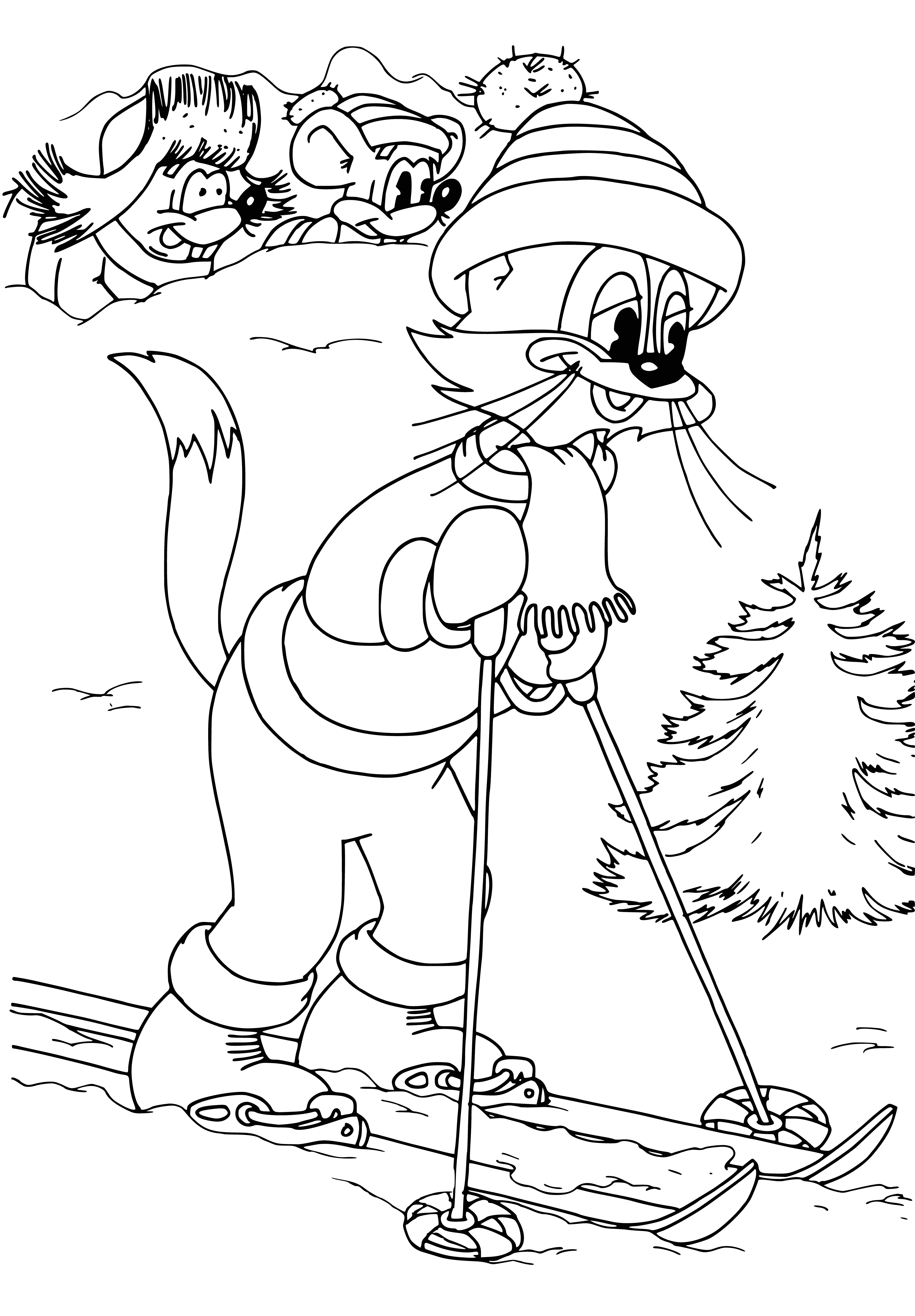 coloring page: Leopold the cat sails down a hill on skis with intense concentration, paws crossed, tail sticking straight out and having a great time!