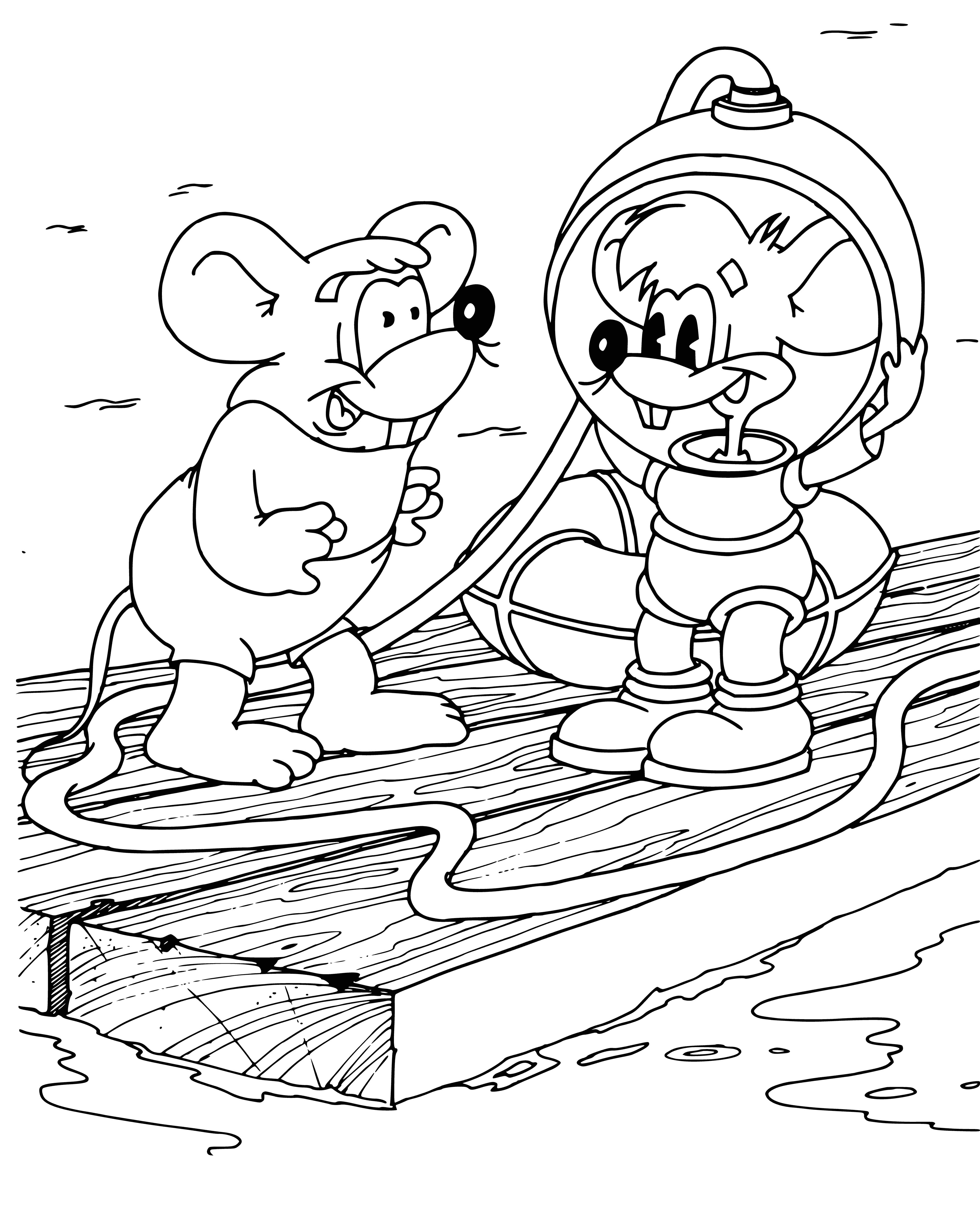 Leopold kat en muis in een onderwaterpak op een houten pier