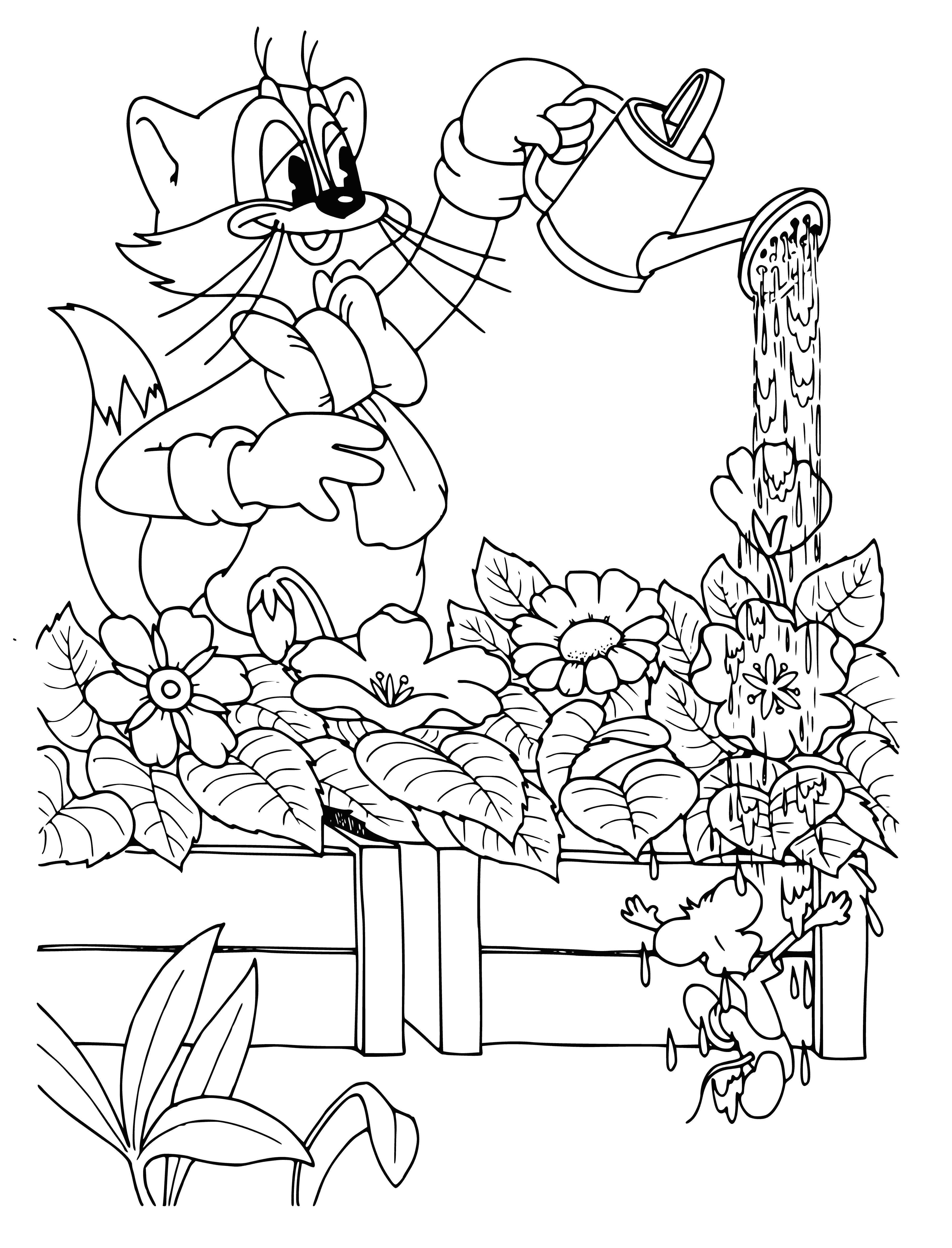 coloring page: Cat Leopold waters flowers with blue can while wearing yellow raincoat on green lawn.