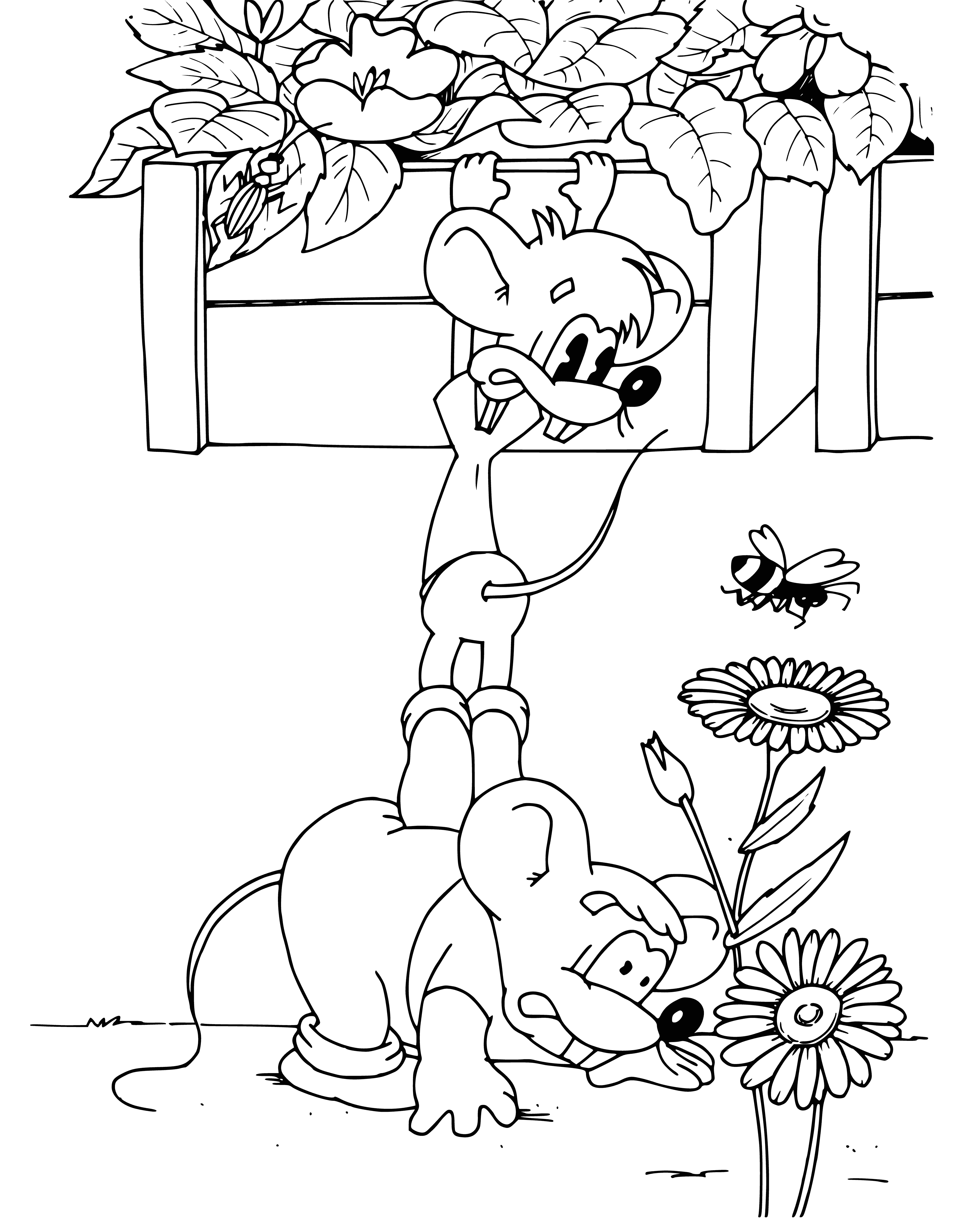 coloring page: Leopold the Cat happily watches the mouse, who has cheese dripping from its face, as it chews on cheese.