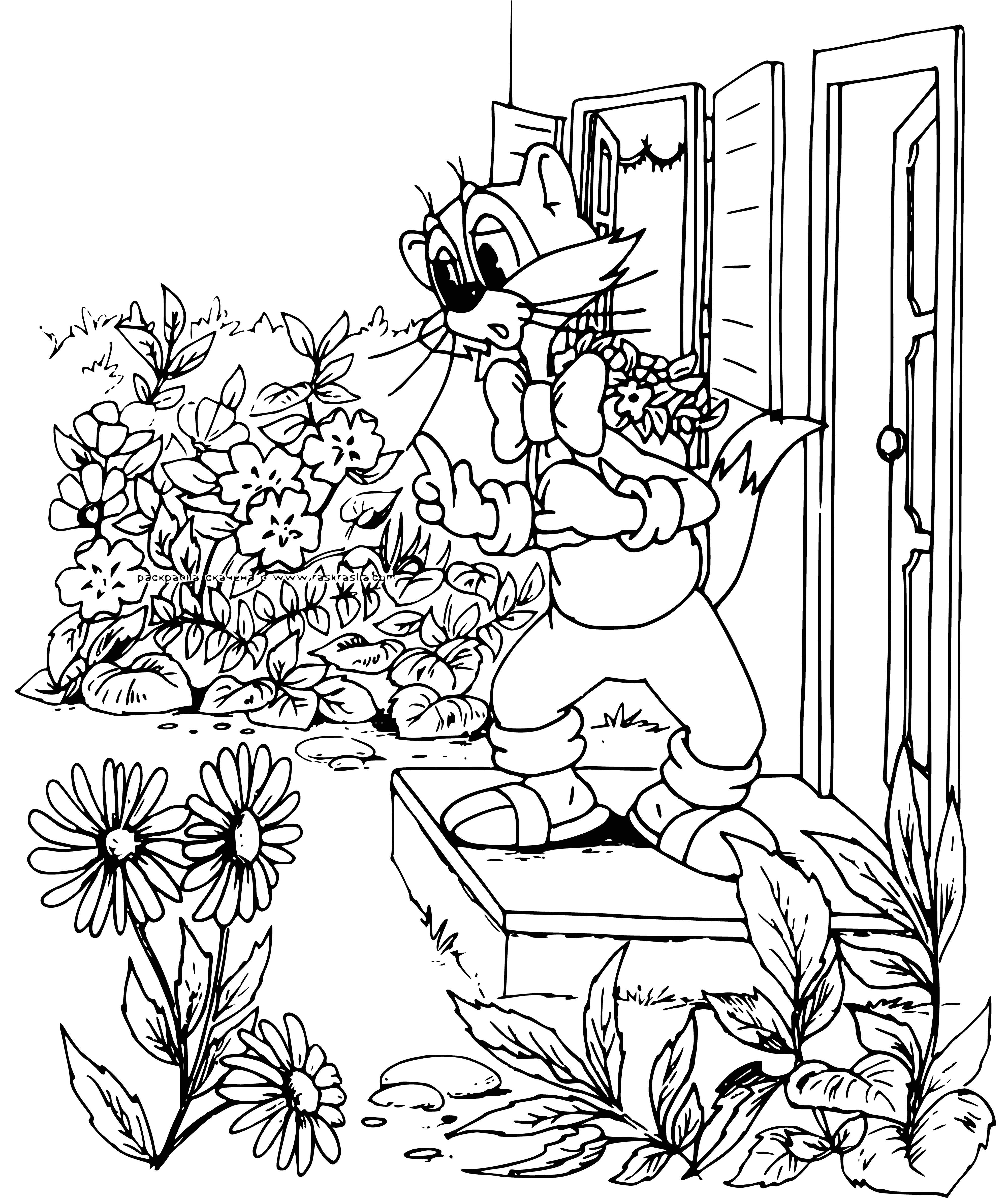 coloring page: Gray and white cat, Leopold, waits on doorstep, looking off into the night, lit by nearby lamp post.