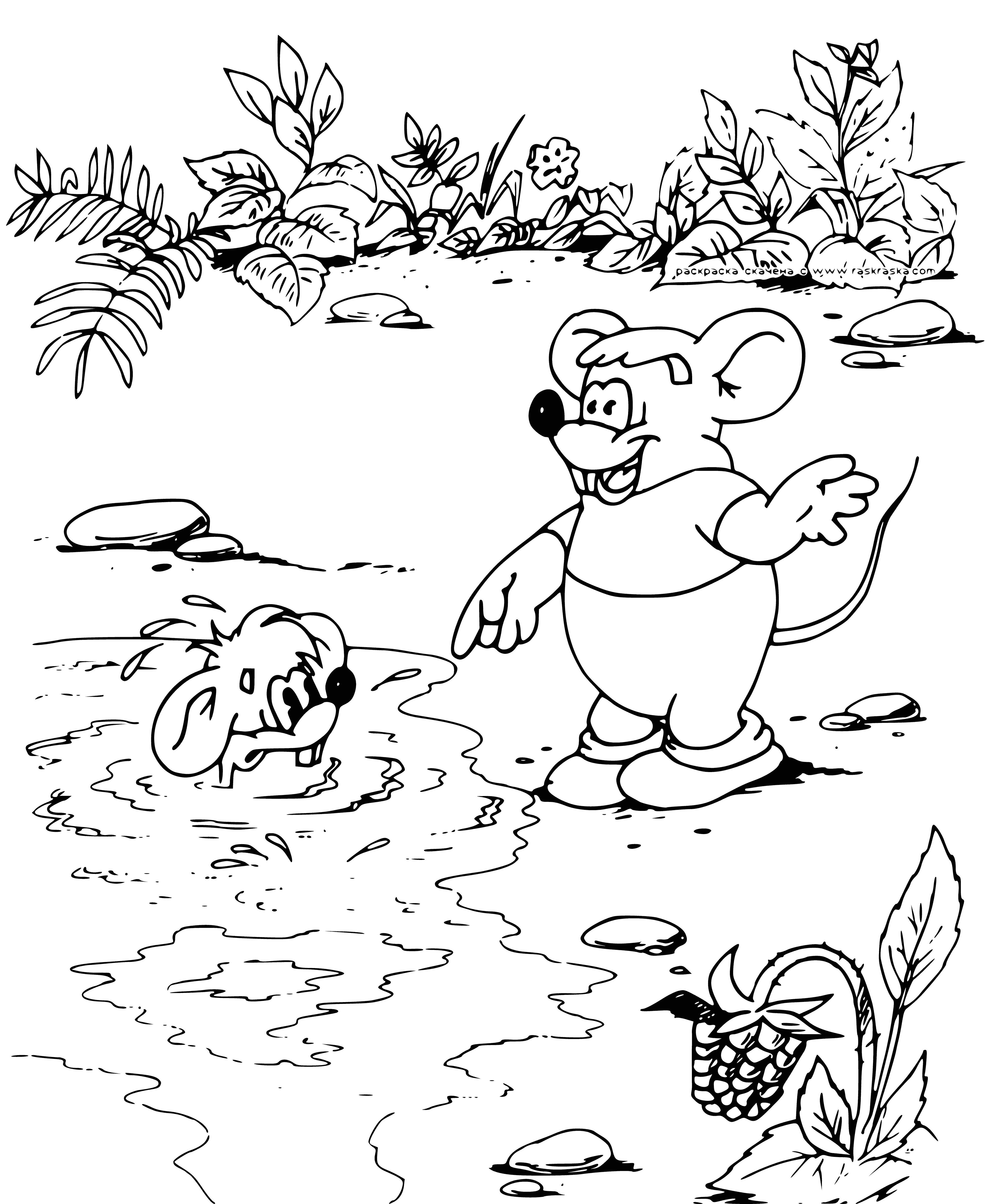 coloring page: Leopold the Cat falls into a puddle when trying to step around it.