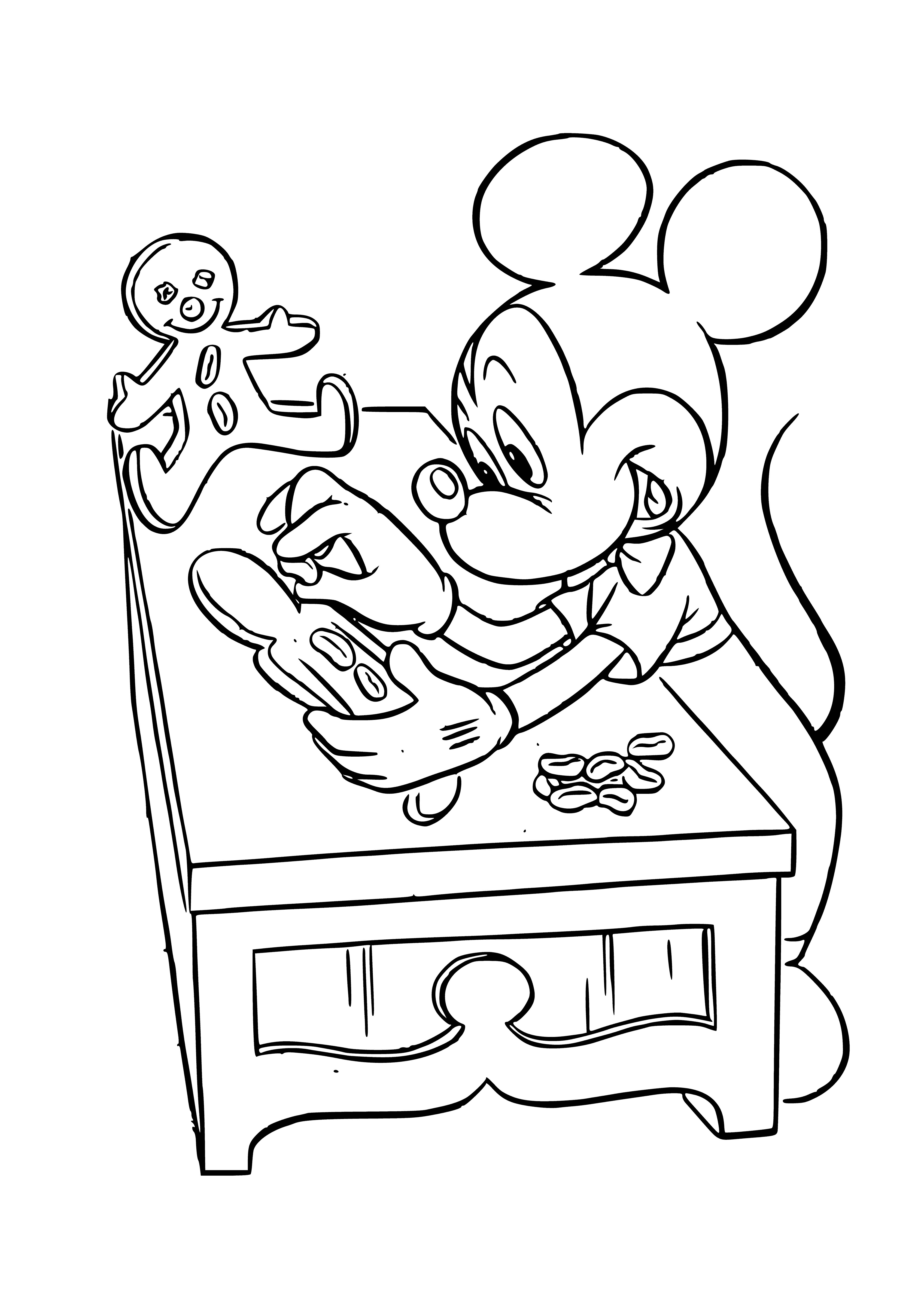 coloring page: Friends with Mickey Mouse are in a kitchen holding bowls of decorated cookies: Mickey ears, bow ties, & buttons!