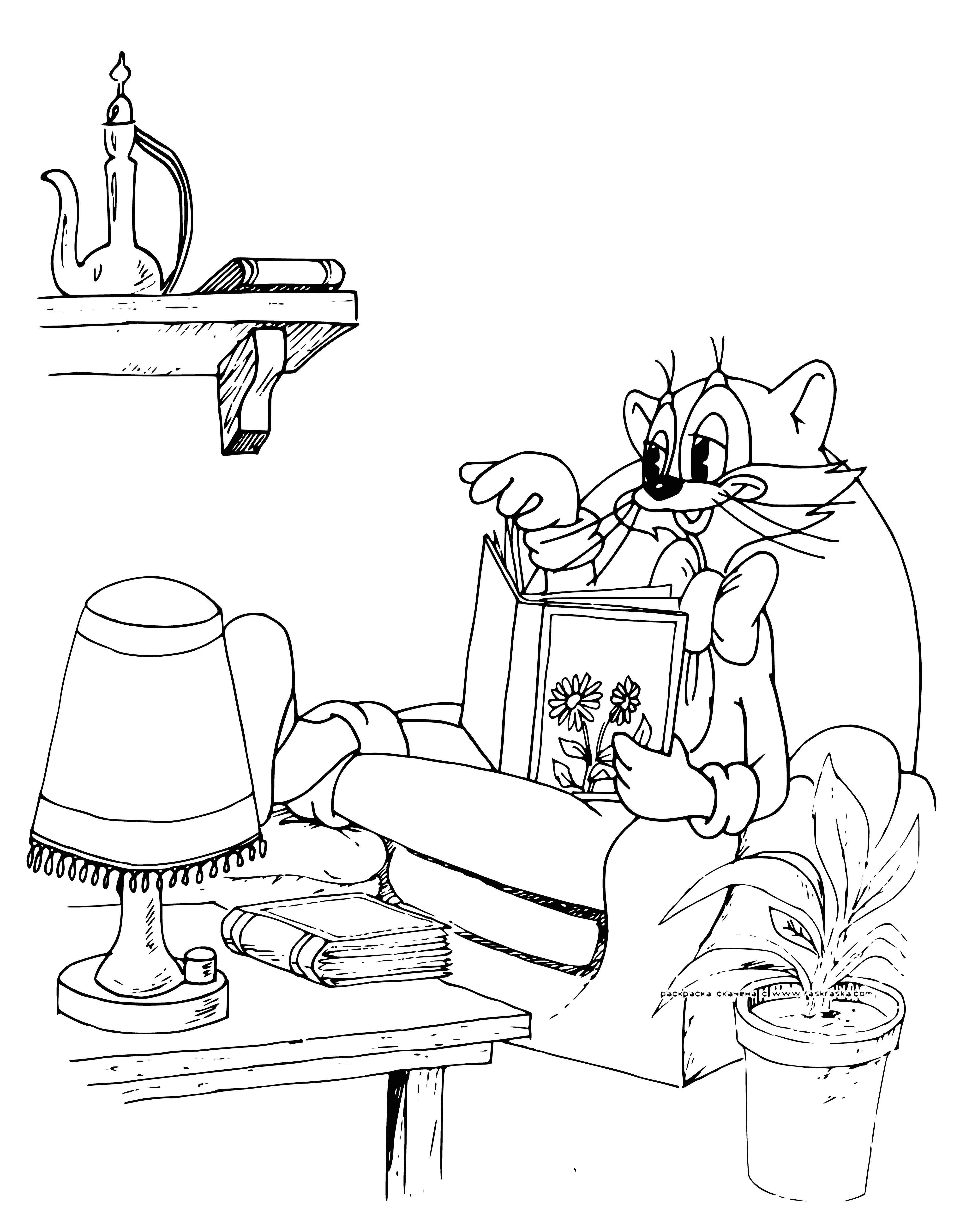 coloring page: Black cat in beige armchair with yellow eyes and blue collar with bell, tongue sticking out.