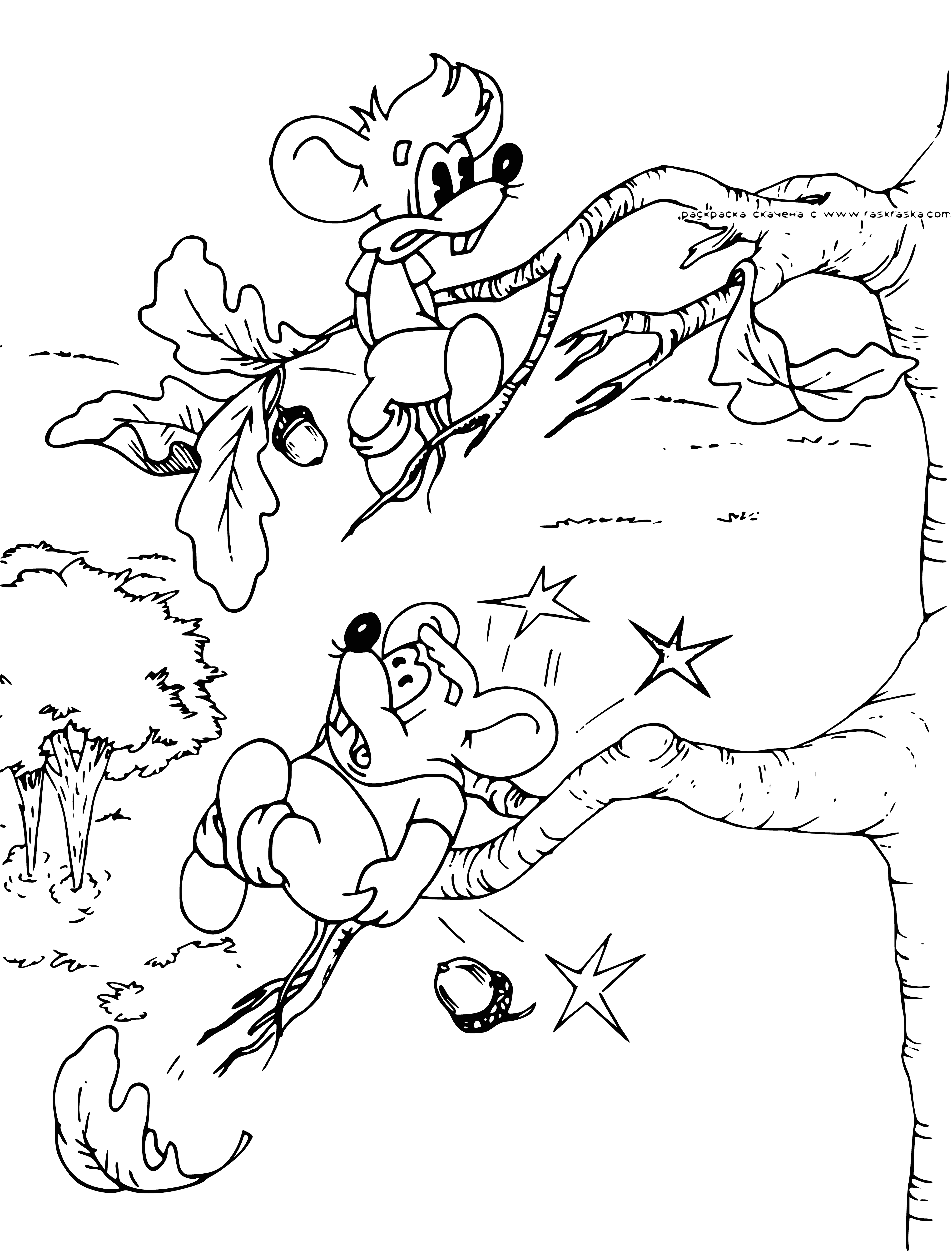 coloring page: Cartoon cat falls out of a tree, surprised expression, body rotated for fall, leaves falling around.