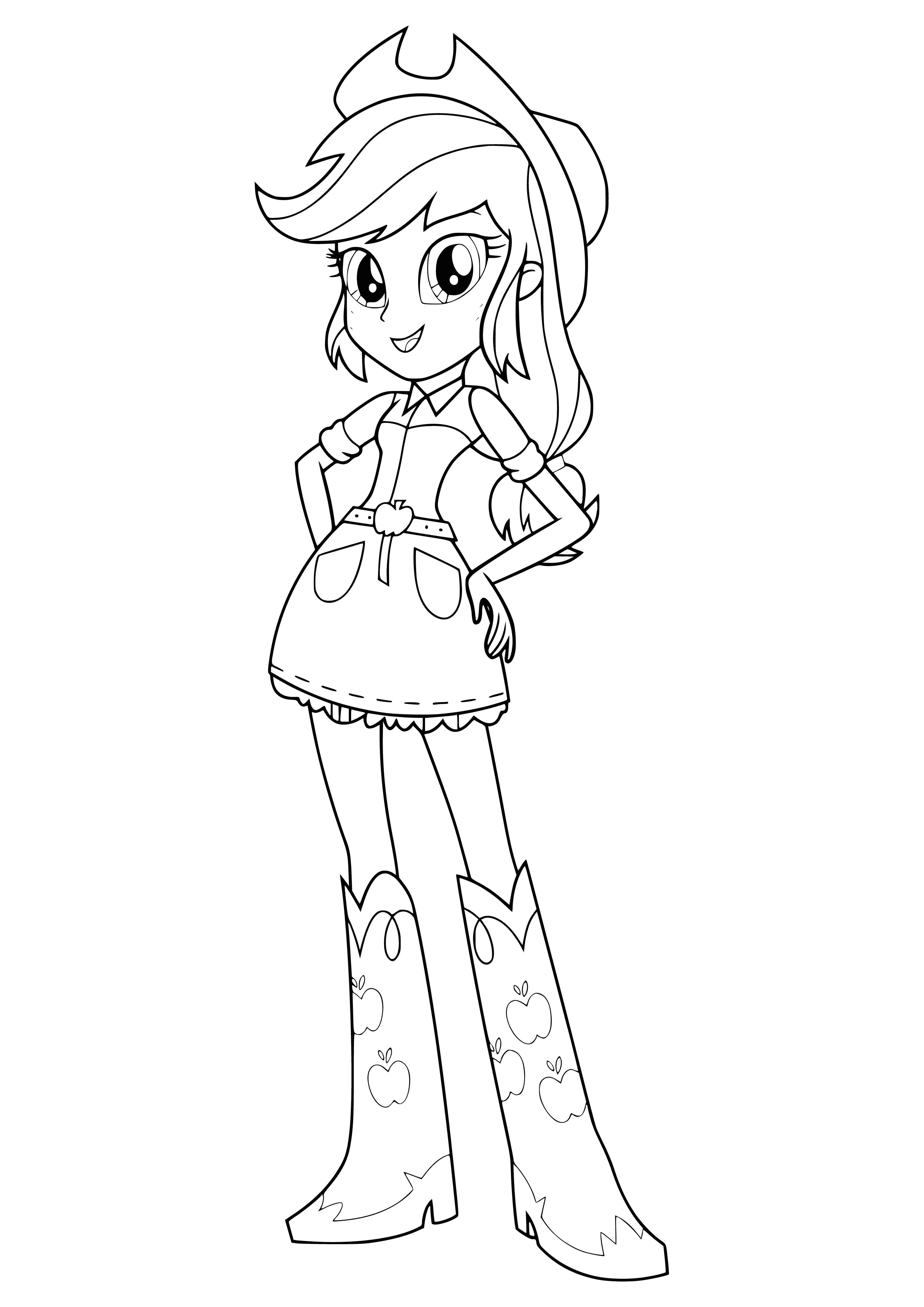 Applejack is a girl with long, straight orange hair, a cowboy hat, plaid skirt, vest, boots & backpack.