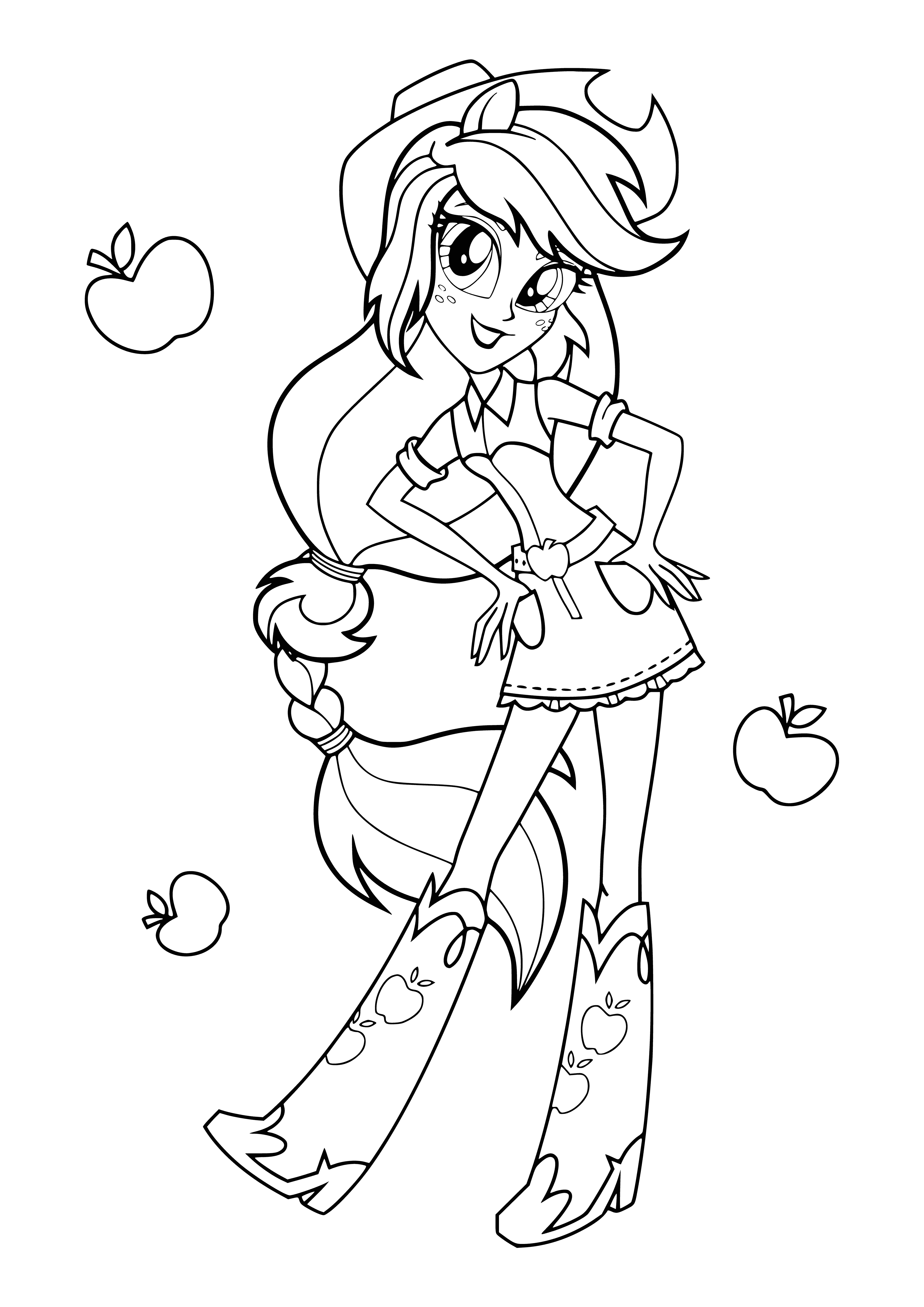 coloring page: Applejack is a teen w/ blonde ponytail wearing brown vest & white shirt holding a green apple. #cartooncharacter
