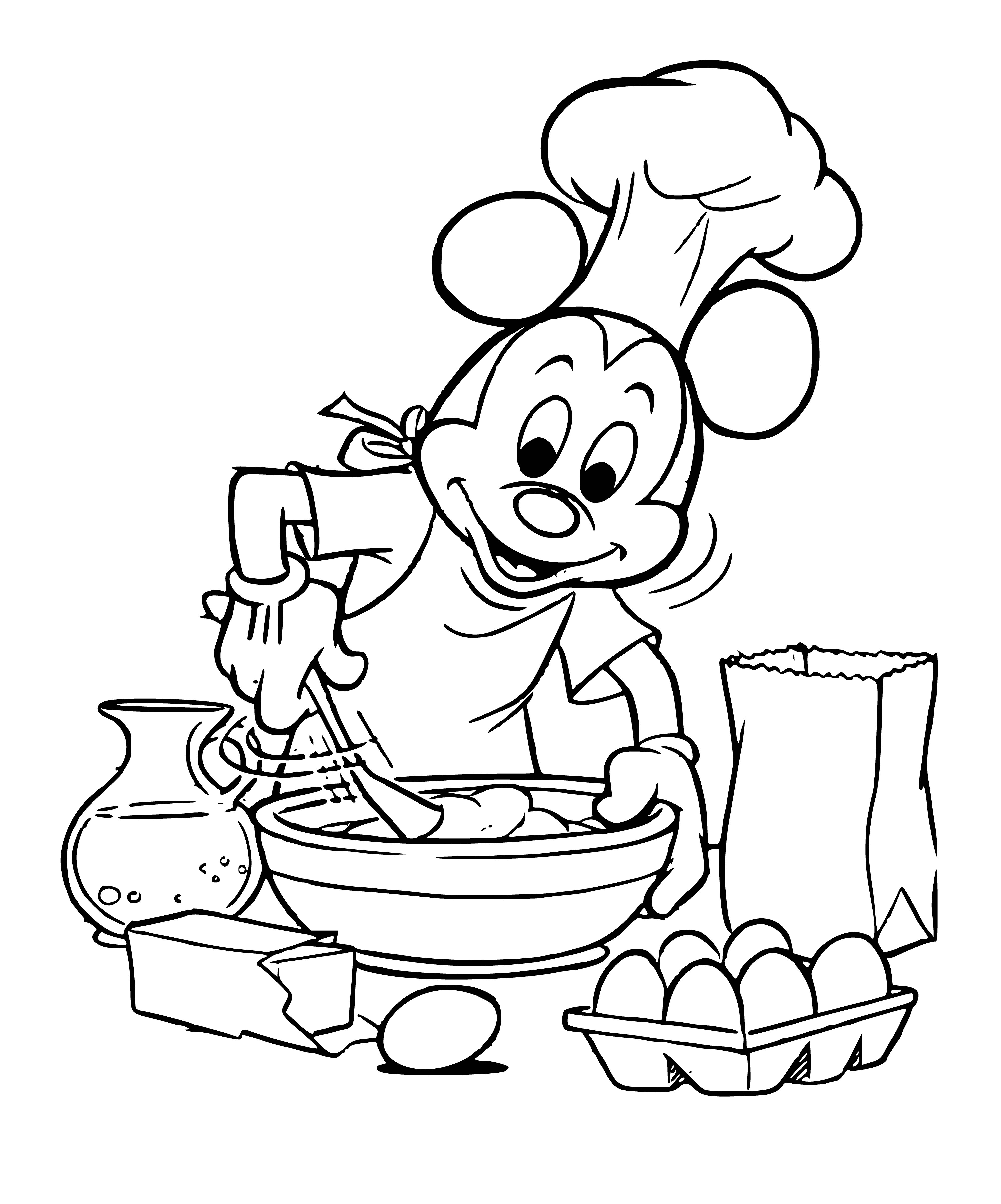 coloring page: Chef Mickey is all smiles in his red & white apron, holding a whisk and surrounded by cooking ingredients.