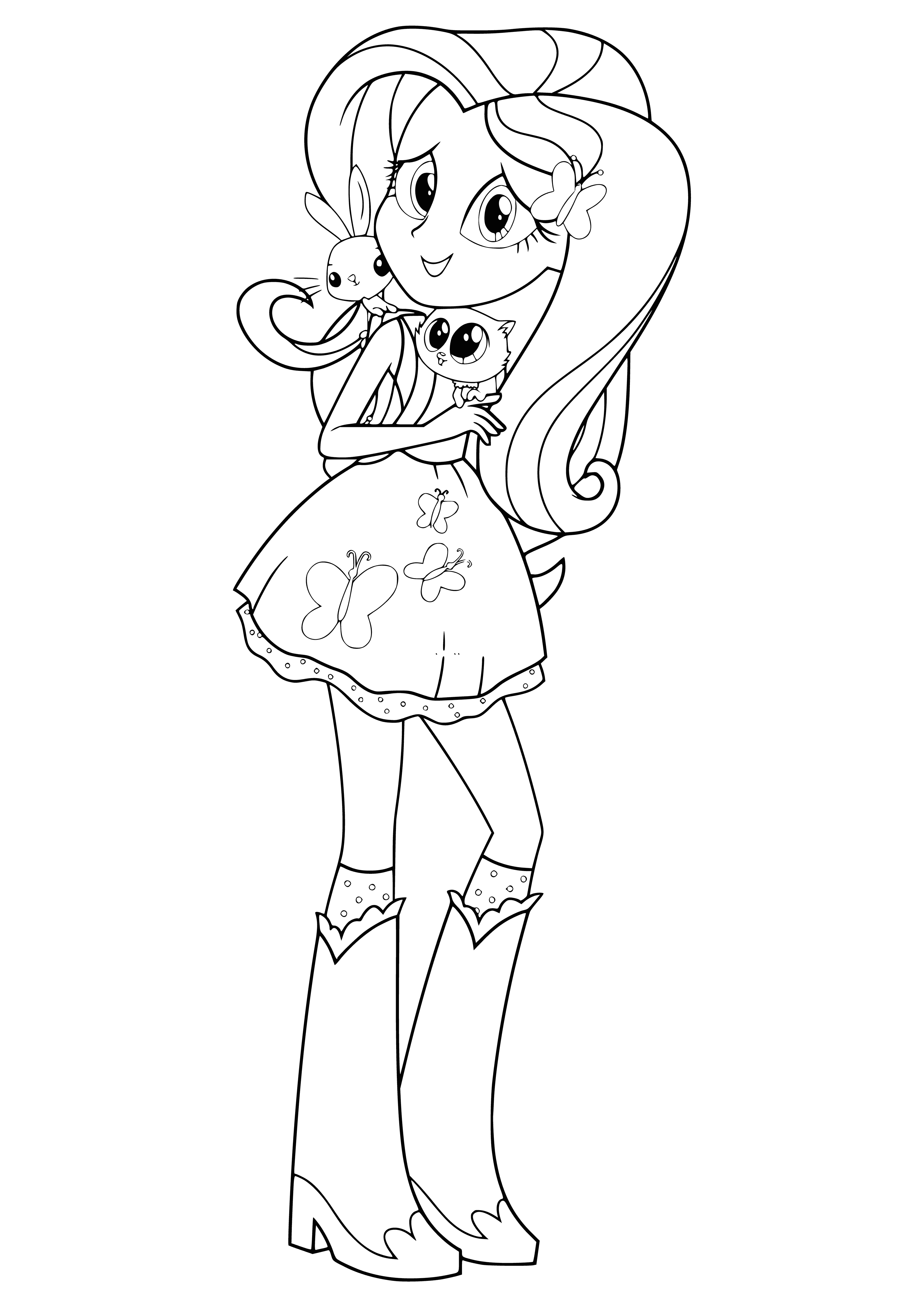 coloring page: Four ponies in a field of flowers, wearing dresses, & surrounded by butterflies - the Equestria Girls - Flattershay coloring page! #coloringfun