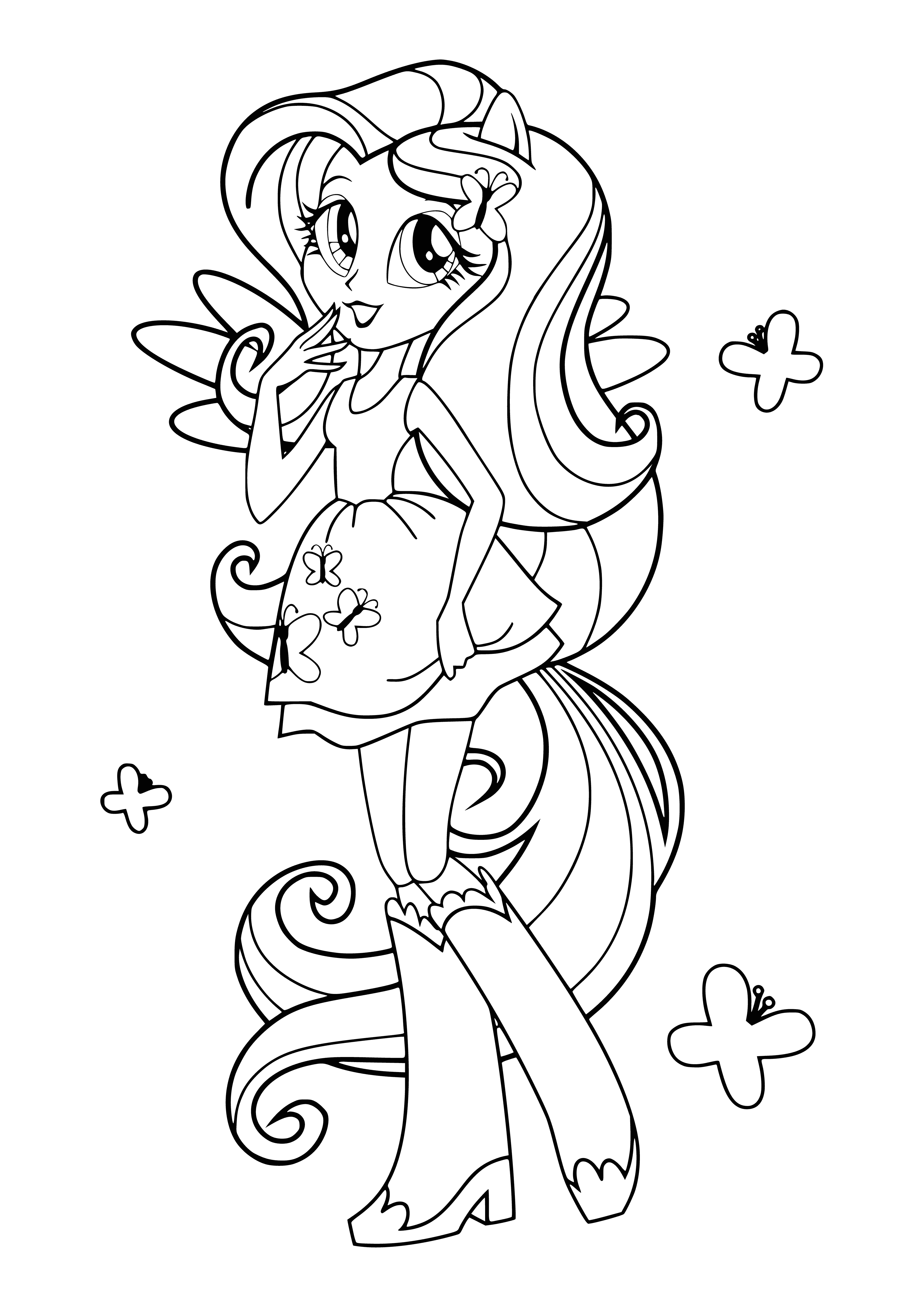 coloring page: Girl standing in green field, holding reins of light blue horse with flowing mane & tail; pink & blue scarf, blue & white backpack. Sky is blue.