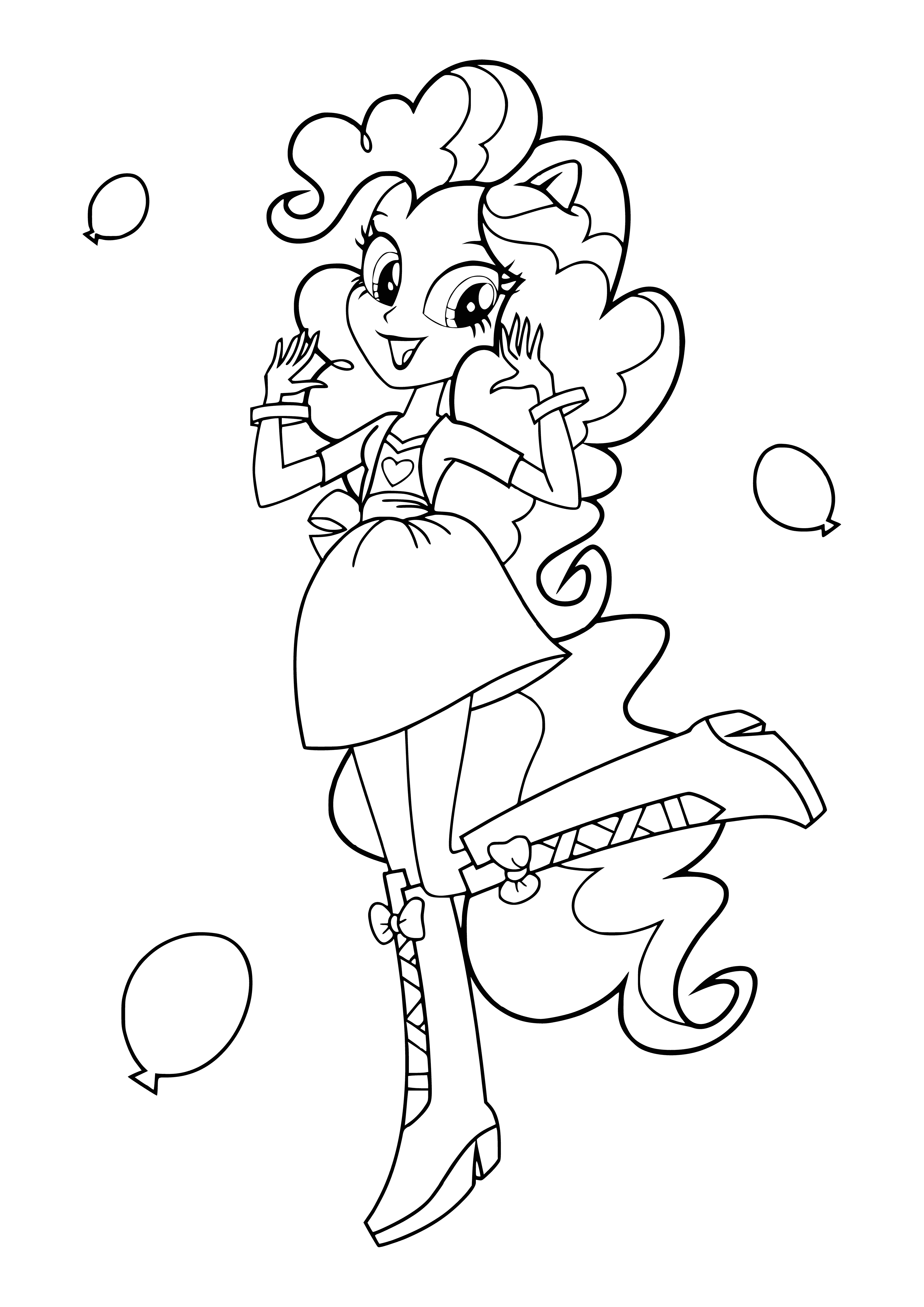 coloring page: Pinkie Pie is an excitable pink humanoid with curly pink hair, blue eyes + a pink dress w/ white apron. She's always ready to party w/ balloon in hand.