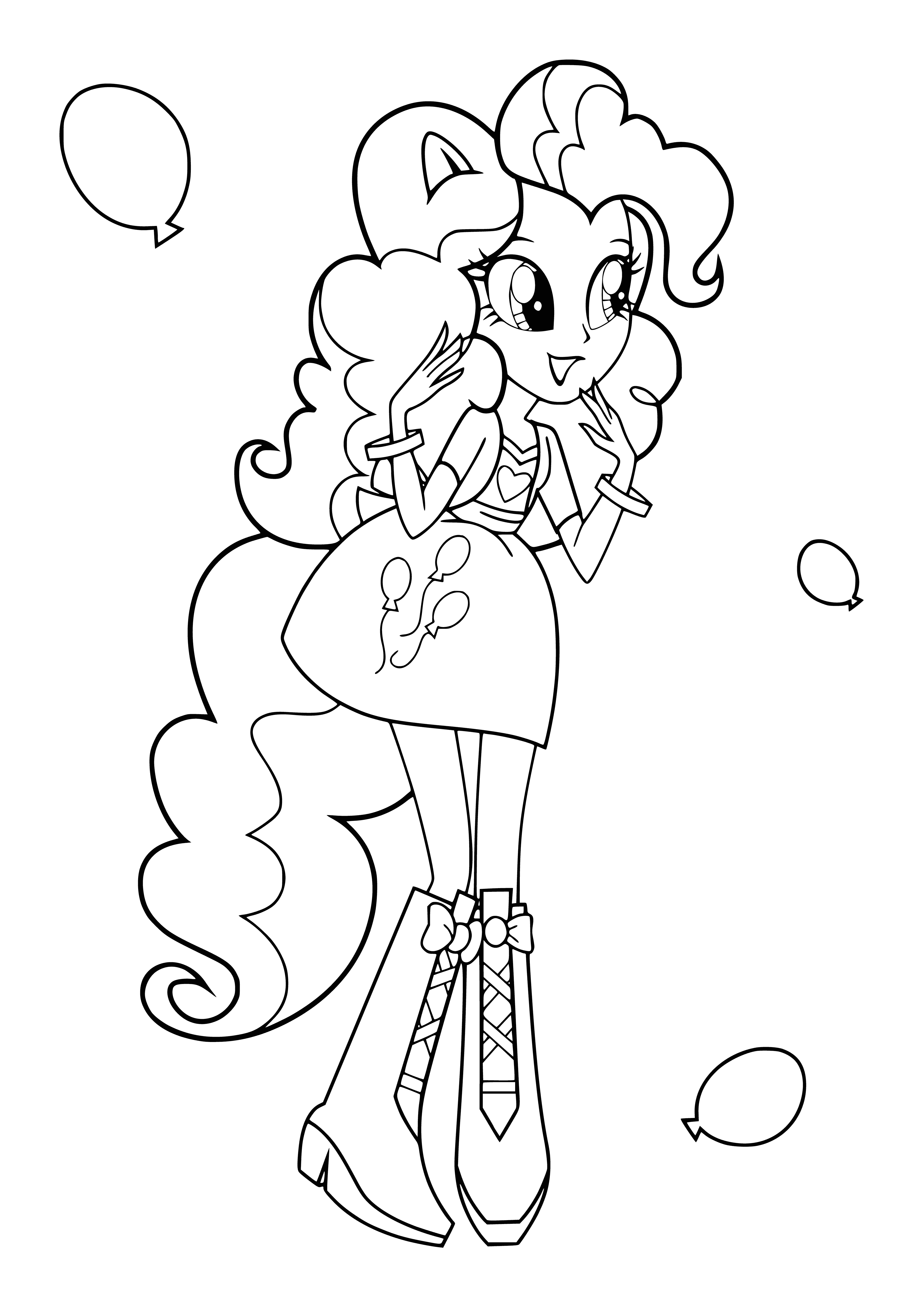 coloring page: Pinkie Pie is a pink pony with blue/white stripes, a blue ribbon, and a scarf. She stands on a checkered floor.
