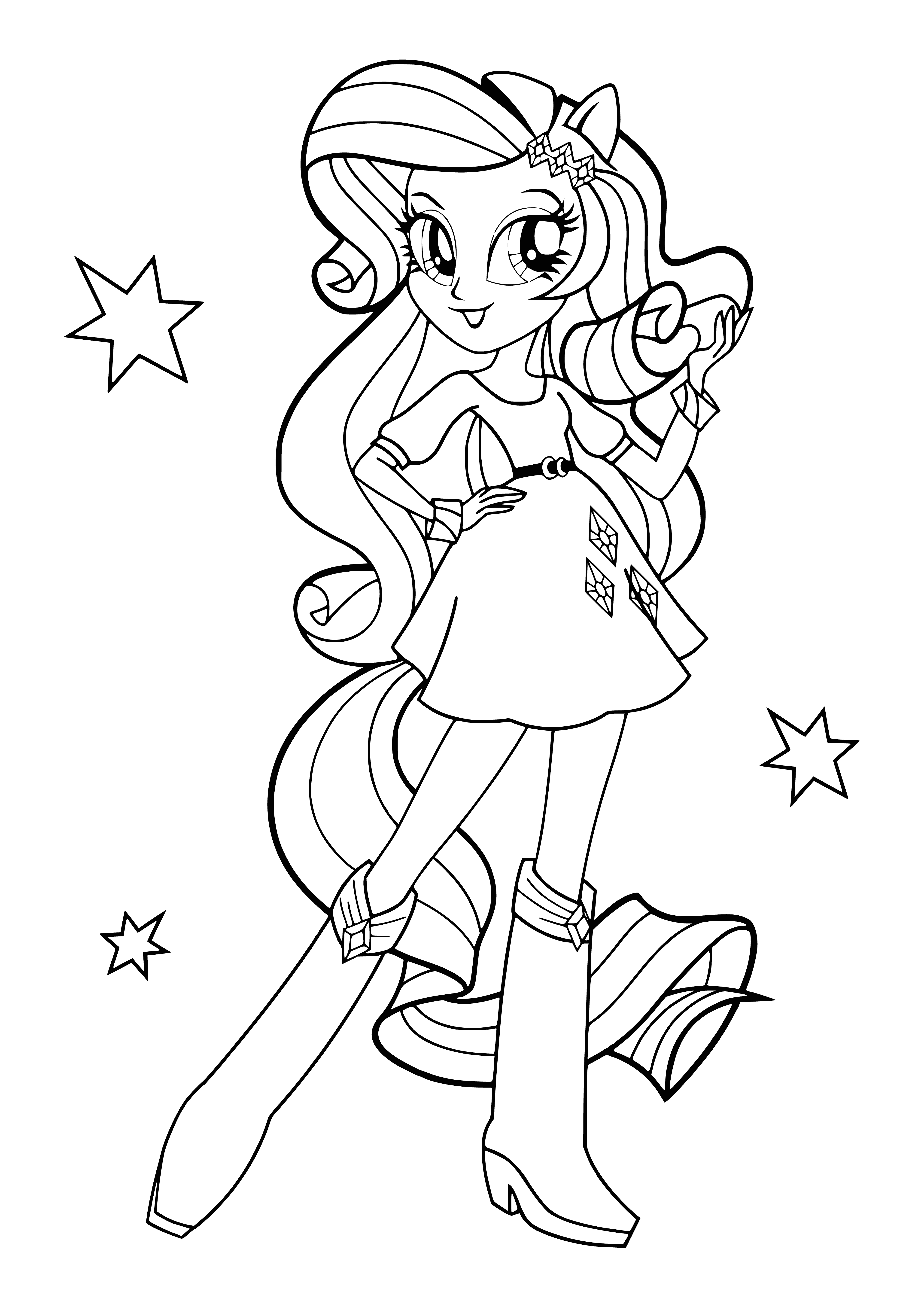 coloring page: A girl with long, pink & purple mane & light purple coat. Wearing jeweled necklace and headband, purple eyeshadow & bandanna.