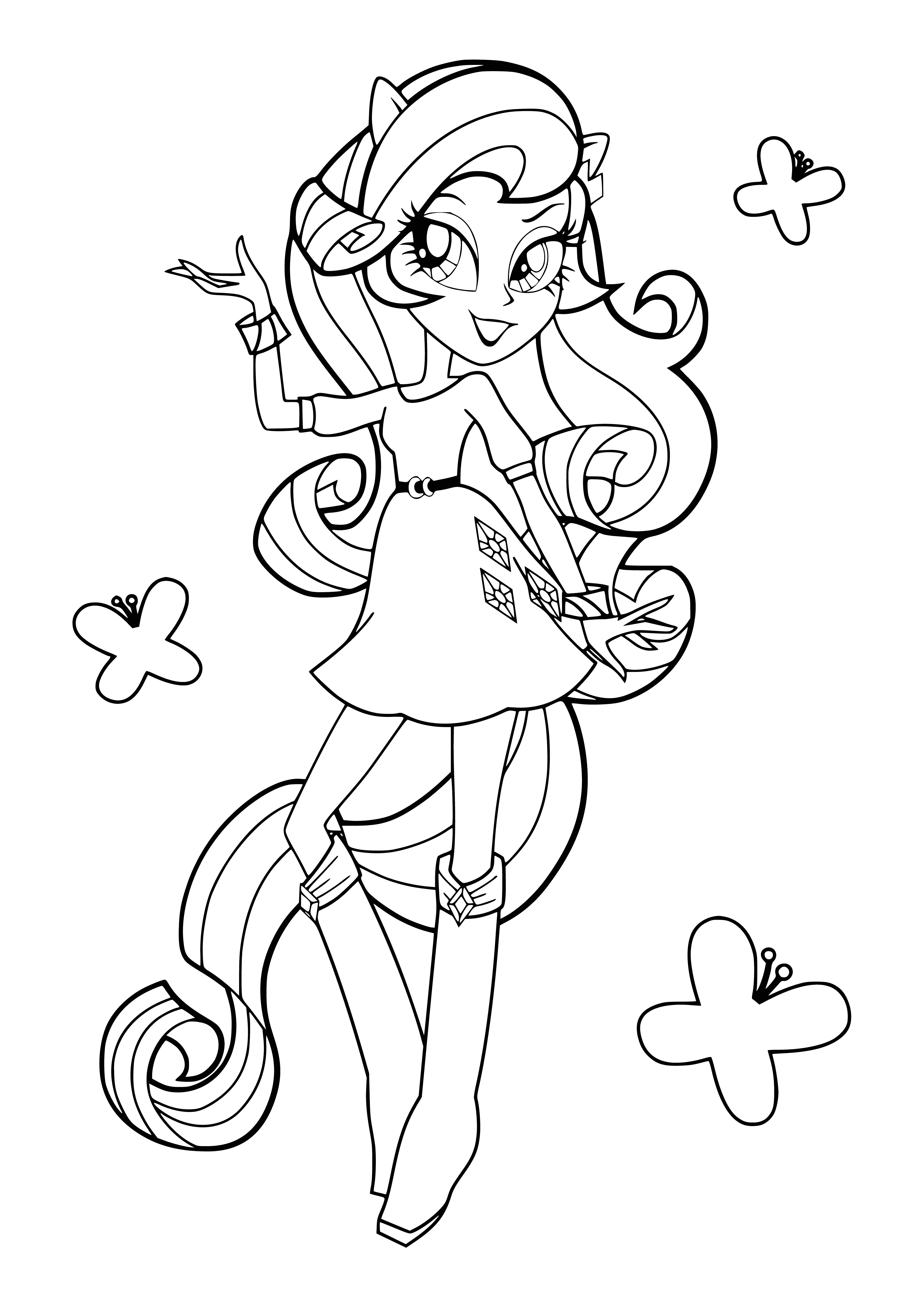 coloring page: Girls in school uniforms, each with unique hairstyle, smiling and friendly.