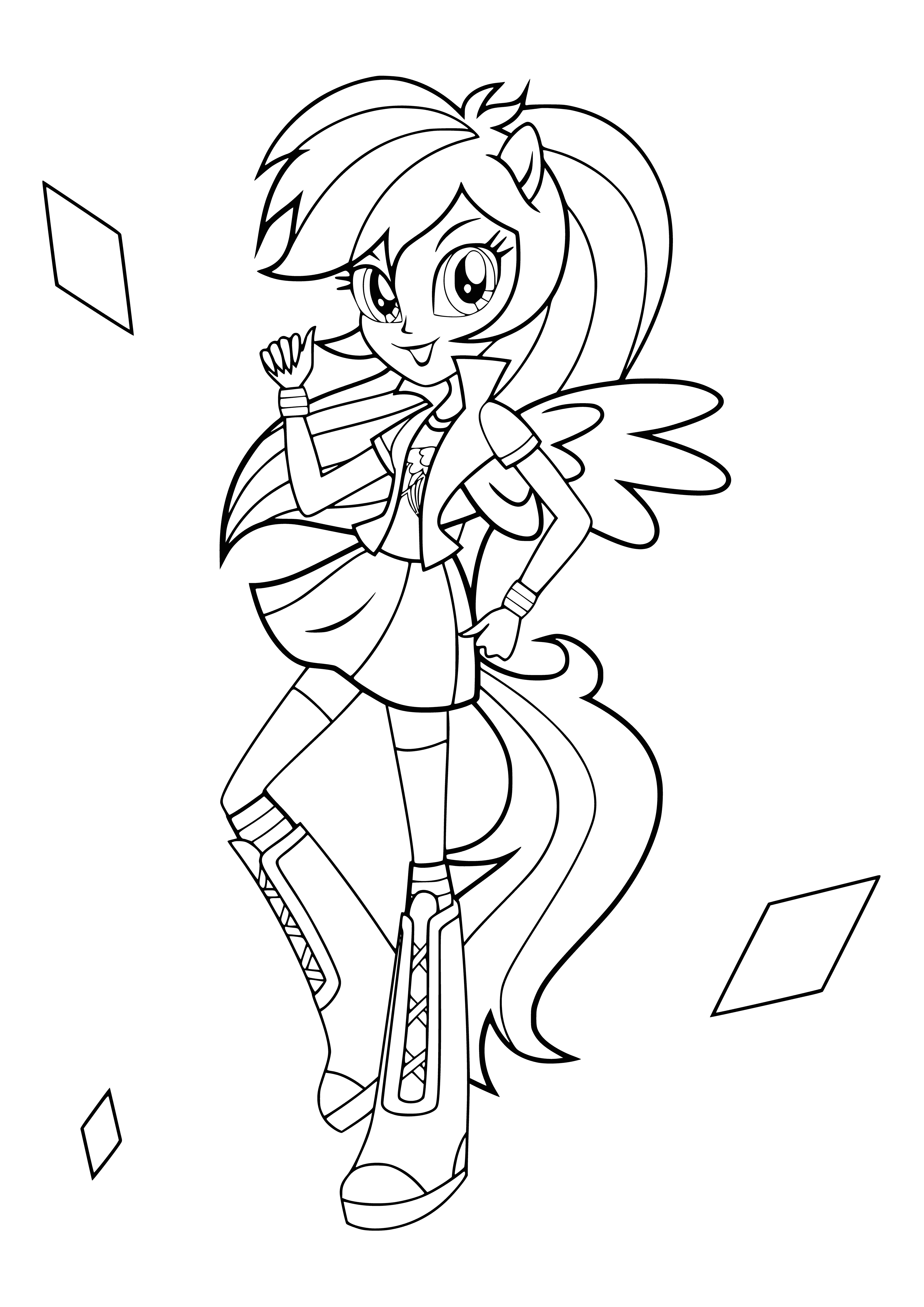 coloring page: Rainbow Dash is an eternally cheerful blue horse with a rainbow mane/tail, white stomach, & a fetching smile - one of the main characters in Equestria Girls.