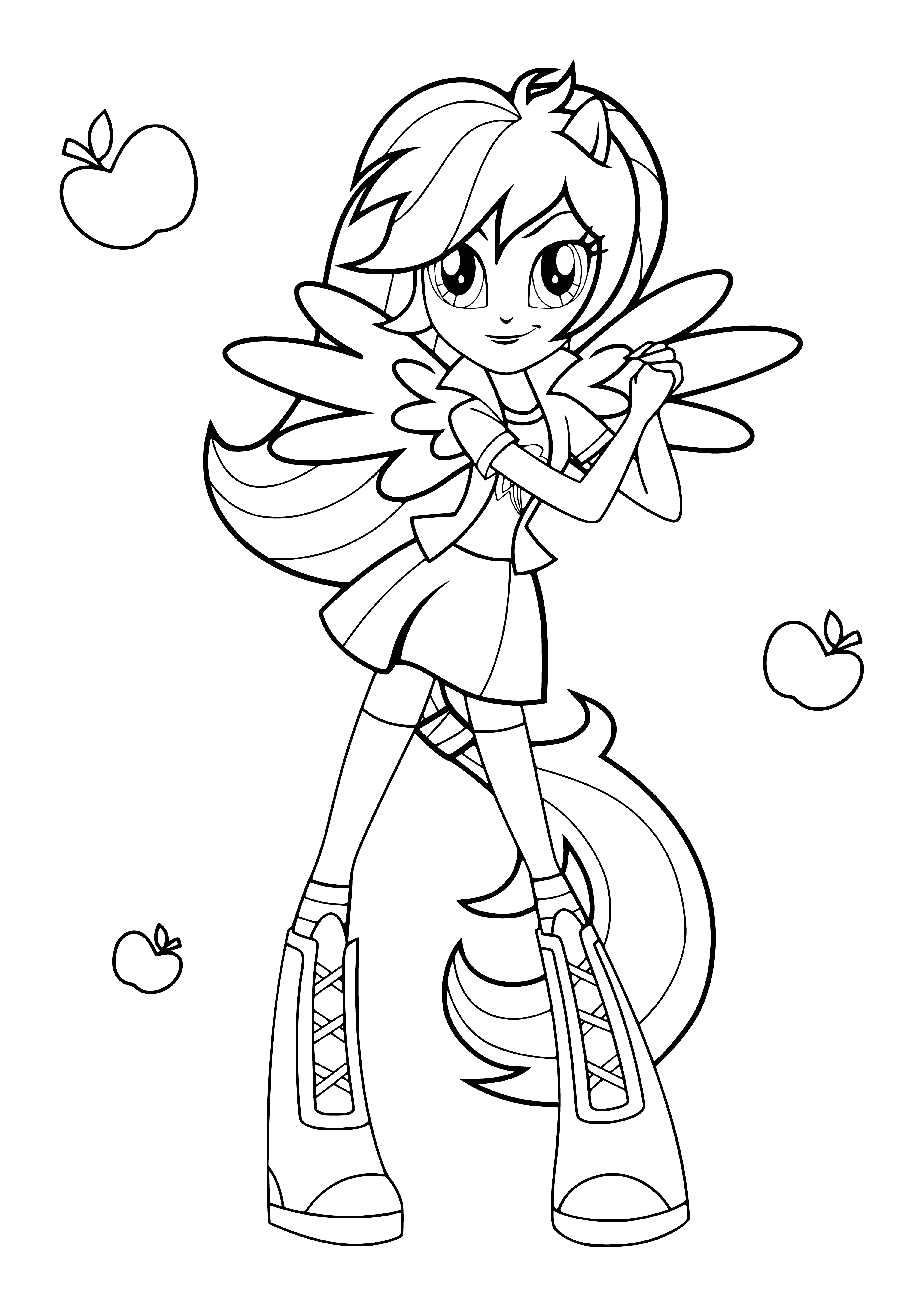 coloring page: She's a spiky blue Pegasus with rainbow mane/tail wearing a pink top & blue denim jacket; white streak in her mane.