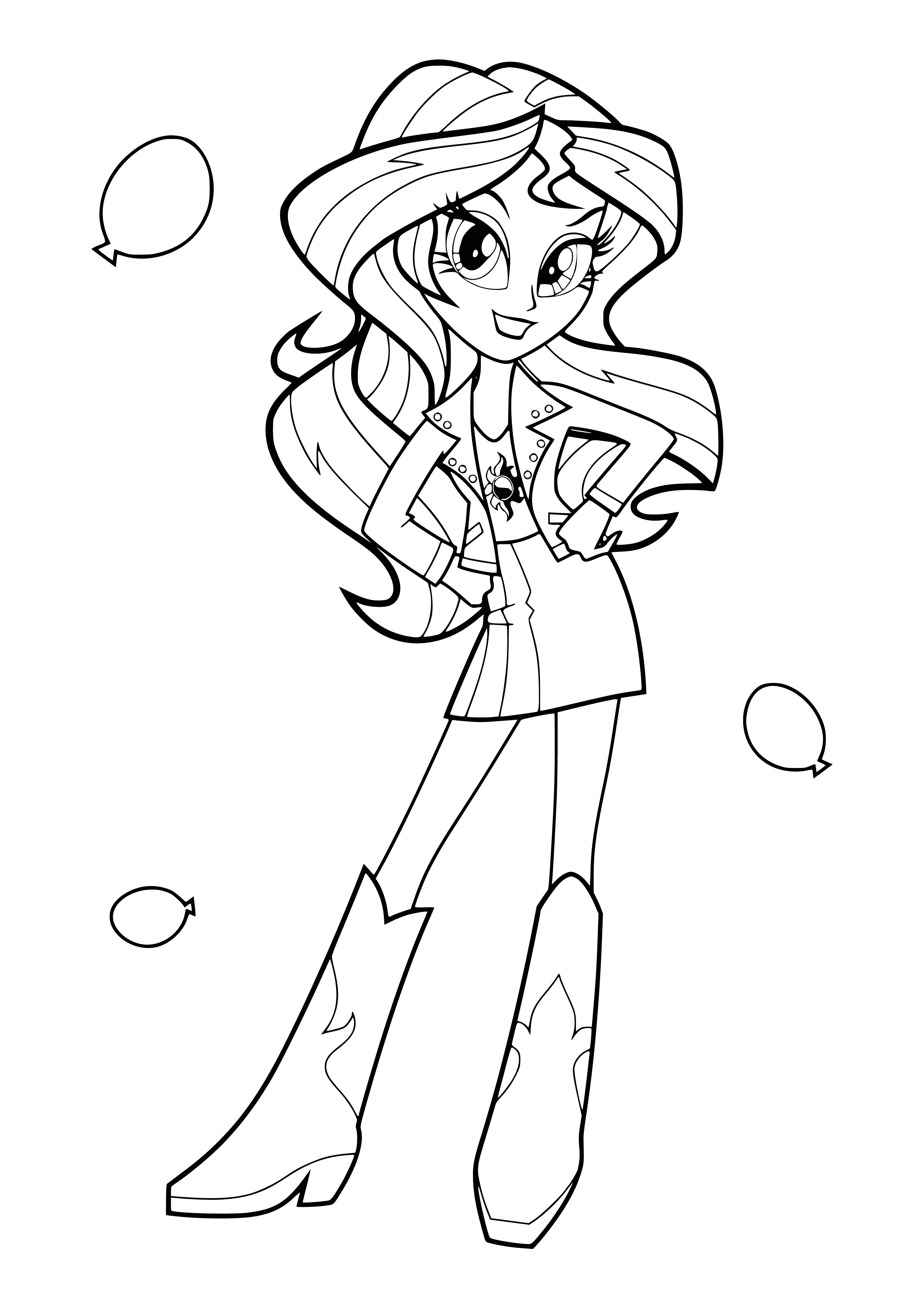 coloring page: Sunset Shimmer wears a sleeveless, purple and pink dress, white laces, and a small tiara to complete her look. She stares with a serious expression.