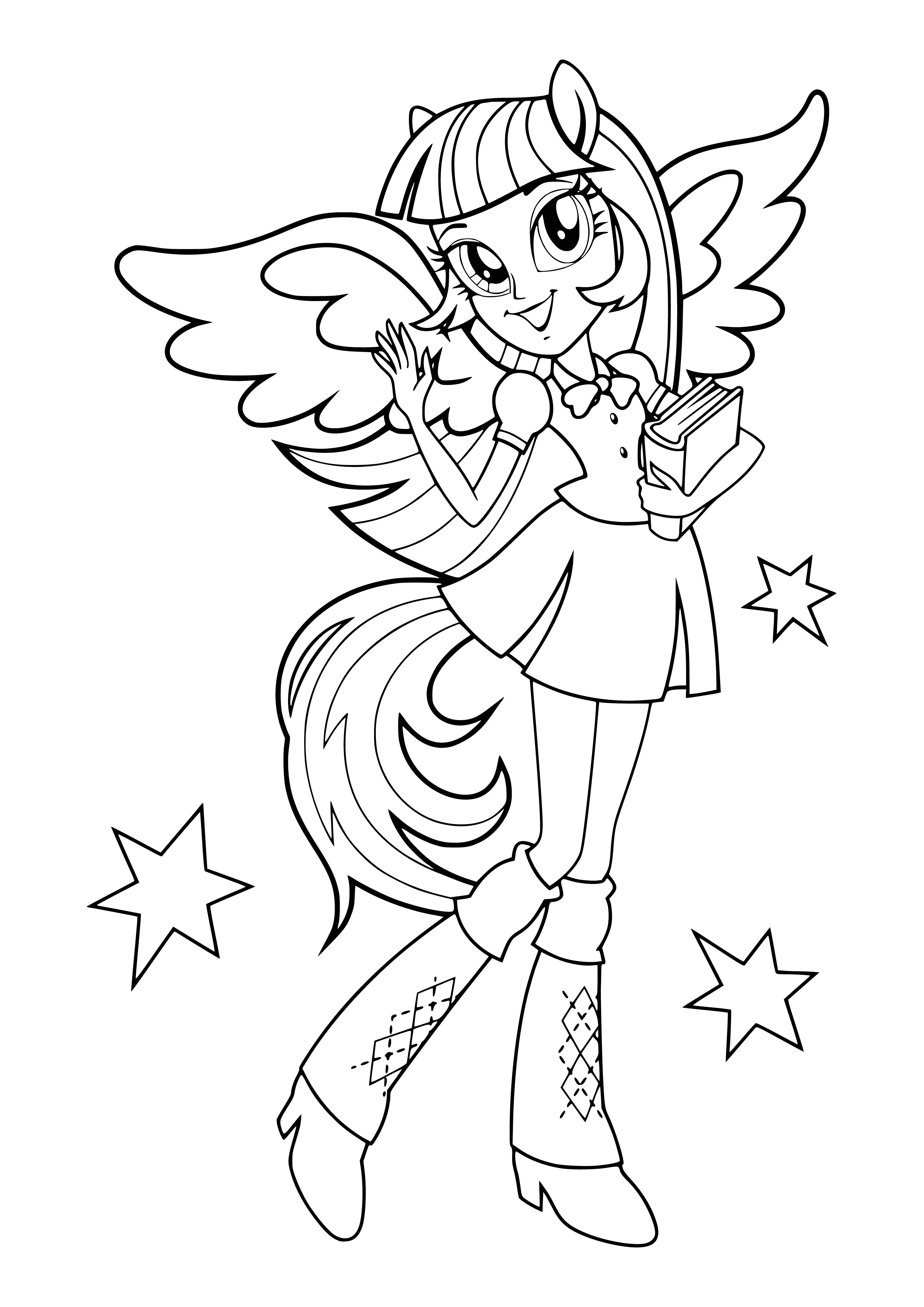 coloring page: Twilight Sparkle is a magical girl with long purple hair, a striped shirt, skirt and bracelet. #magicalgirl