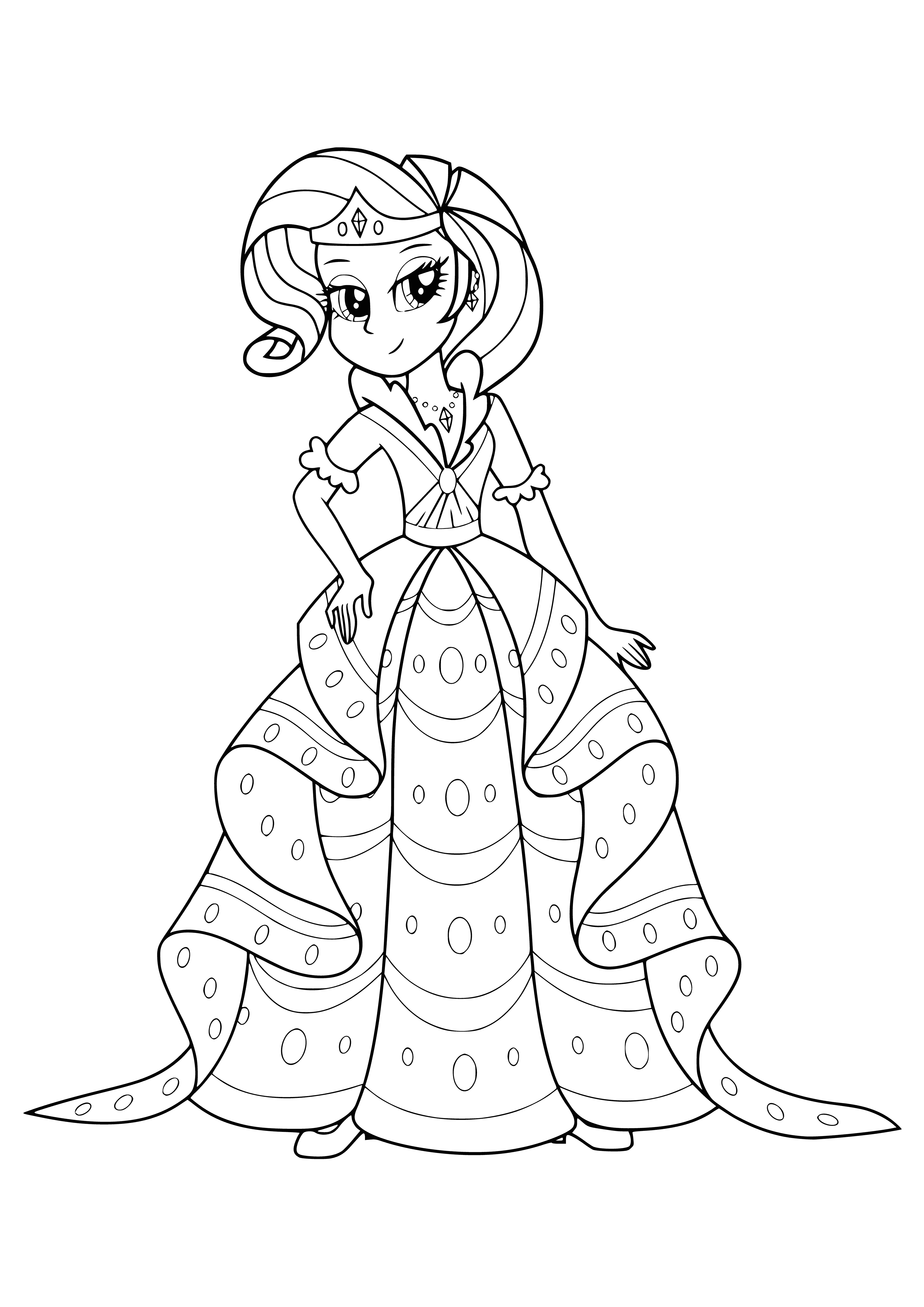 coloring page: White girl with blue eyes, long curly hair with pink streak, wearing a white/pink outfit and holding a pink purse.