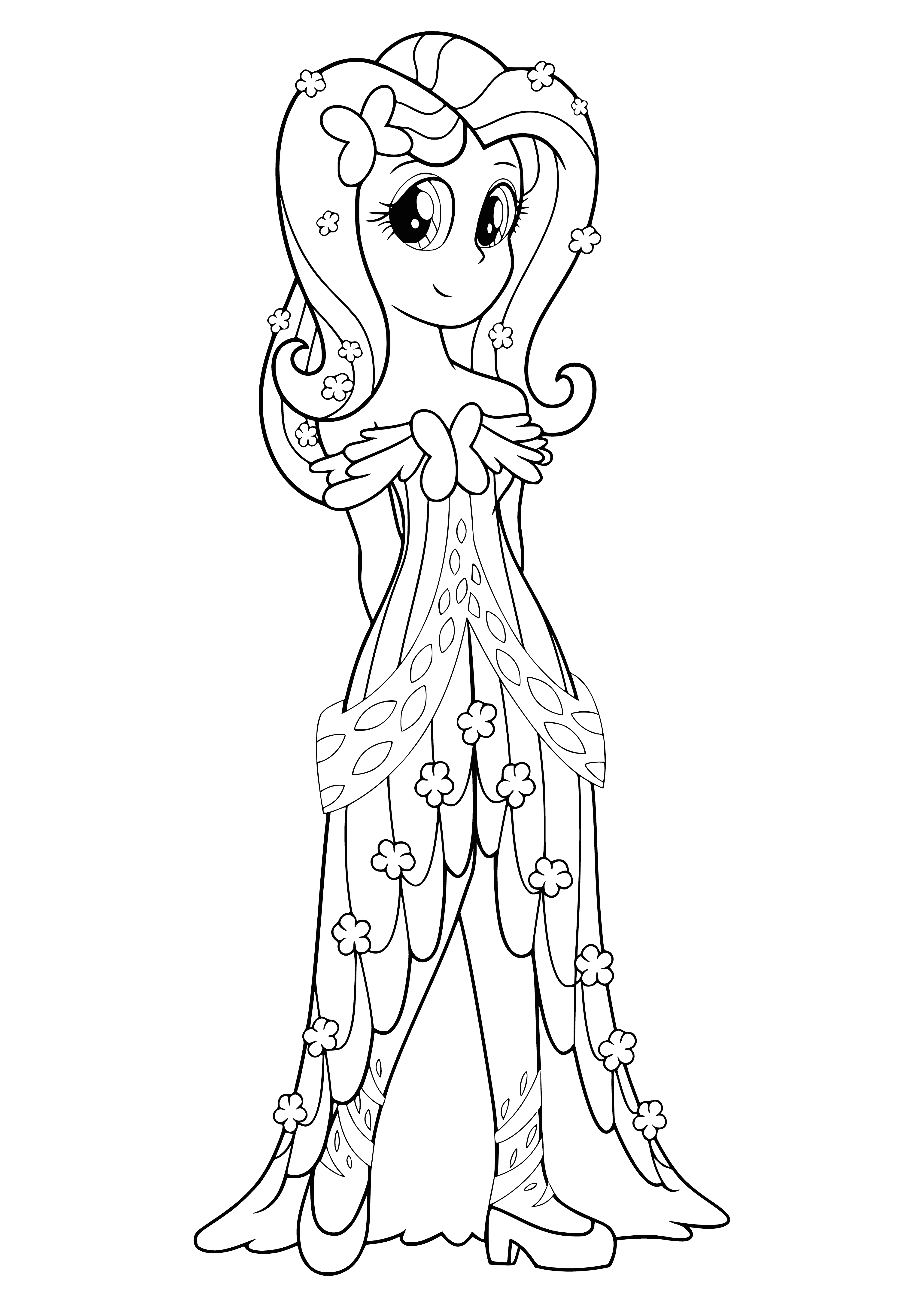 coloring page: Fluttershy is a pale yellow girl w/ light purple mane & tail and a butterfly on her right cheek. She wears a light purple shirt, white skirt, lavender socks & white sneakers. #MLPMovie