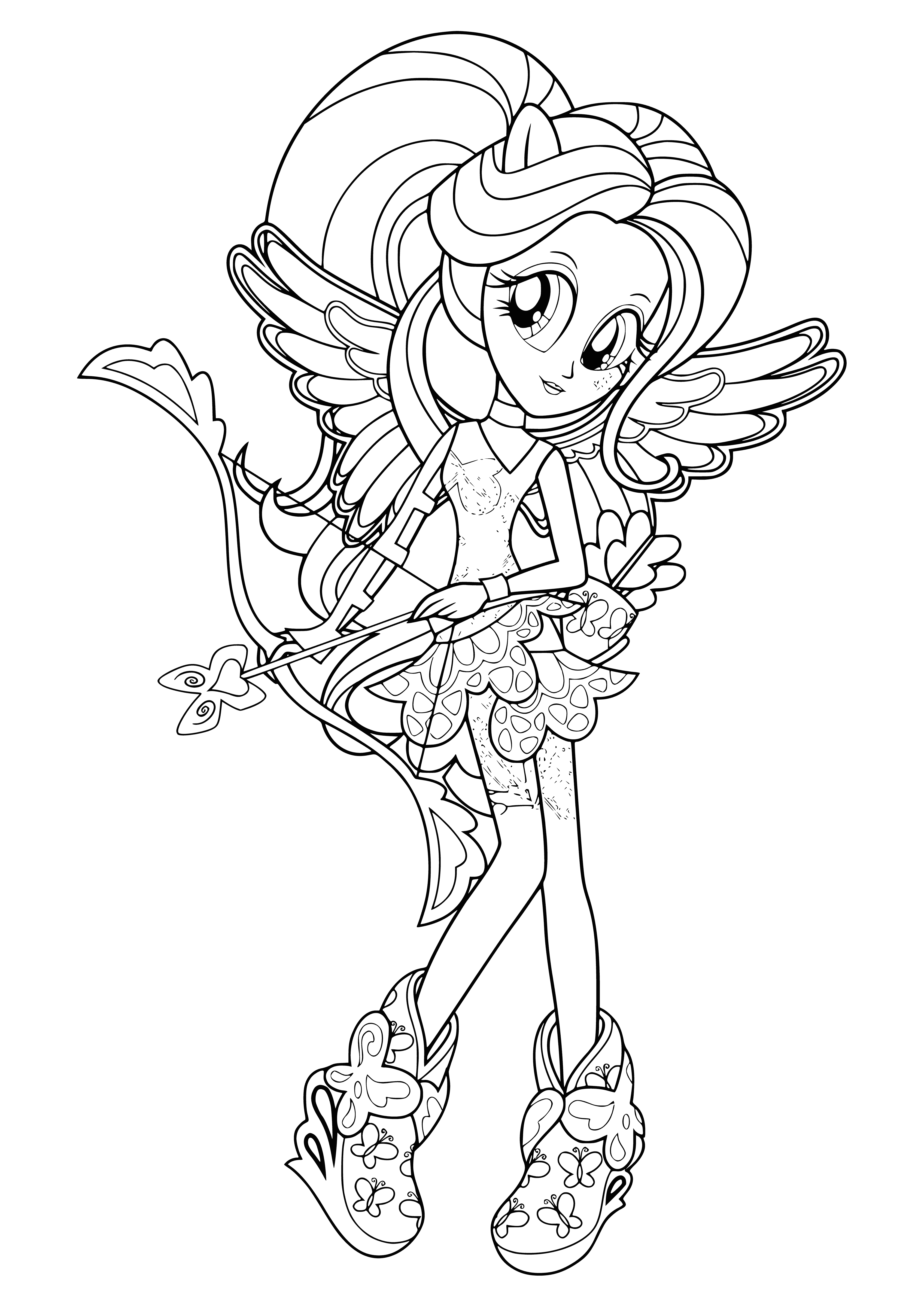 coloring page: Girl with light blue hair & yellow bow holds bow & arrow. Wearing light blue shirt & yellow jacket, with quiver of arrows on her back.