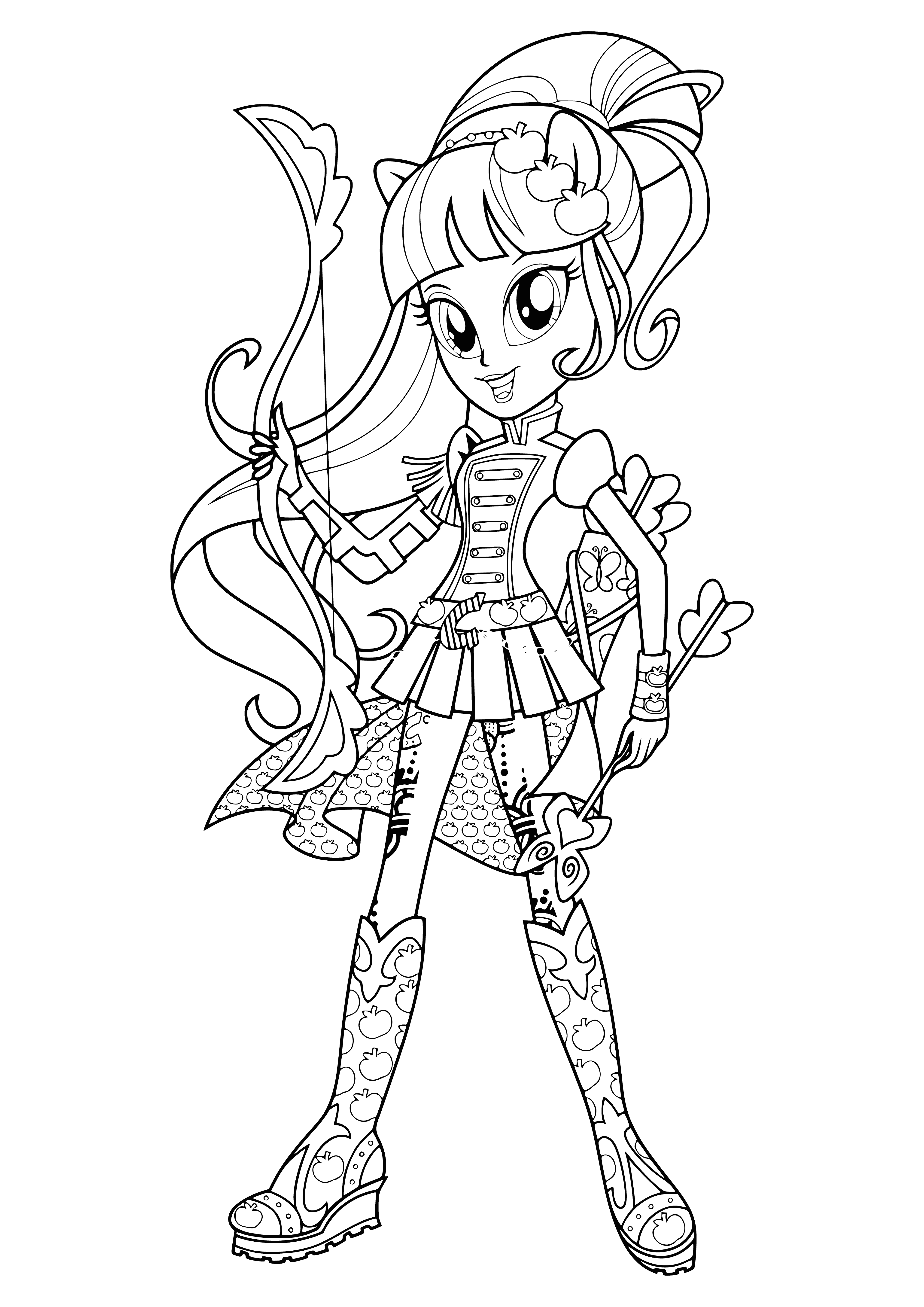 coloring page: Applejack Archer uses archery skills to help others w/ Equestria Girls and her horse Arrow by her side. #friendship #archery #adventure