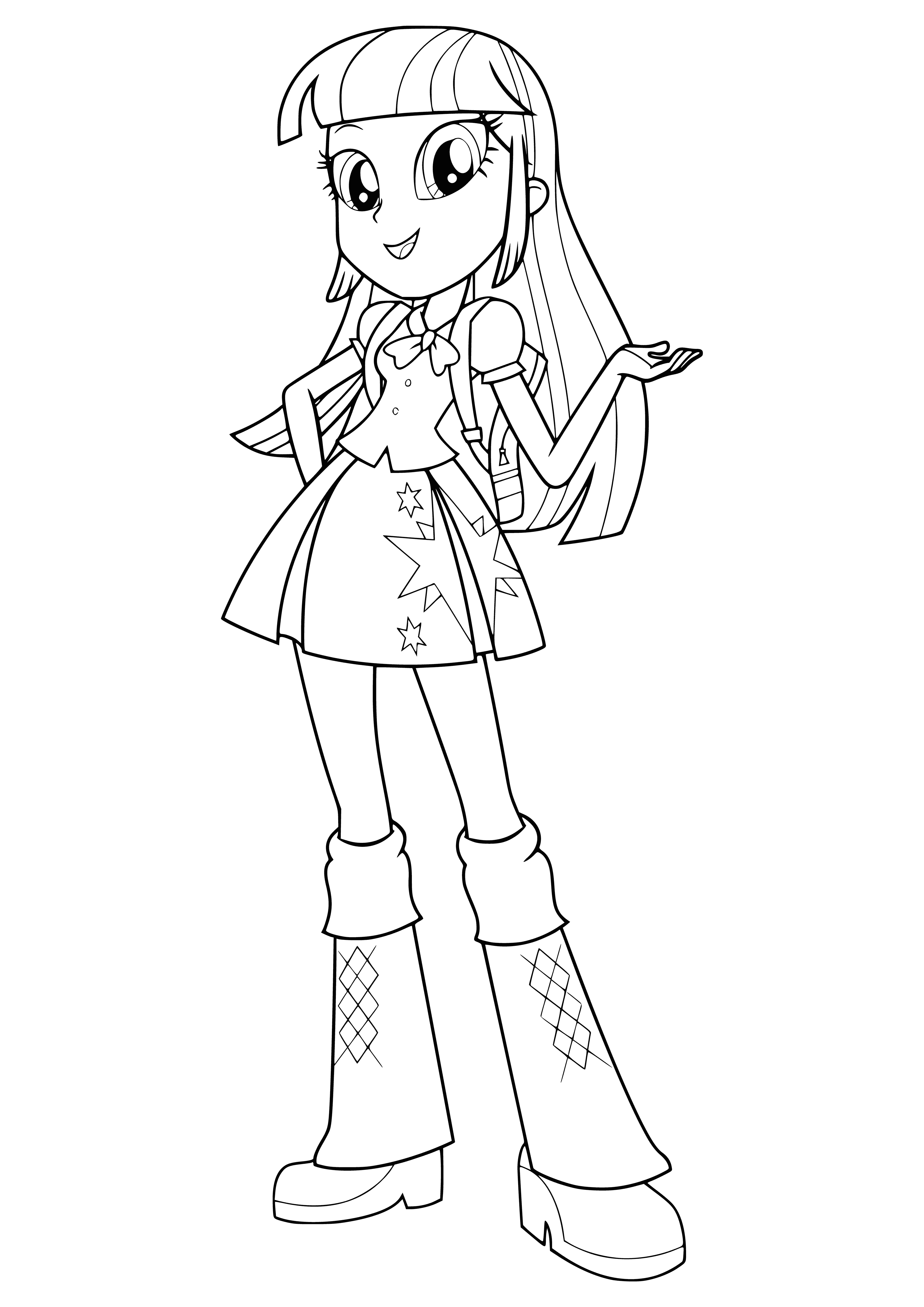 coloring page: Girl with long, sparkly purple hair and pink headband stands in front of bookshelf. Wearing a pink tank, purple and white striped skirt, and sneakers with purple and white socks and bracelet. #coloringpage