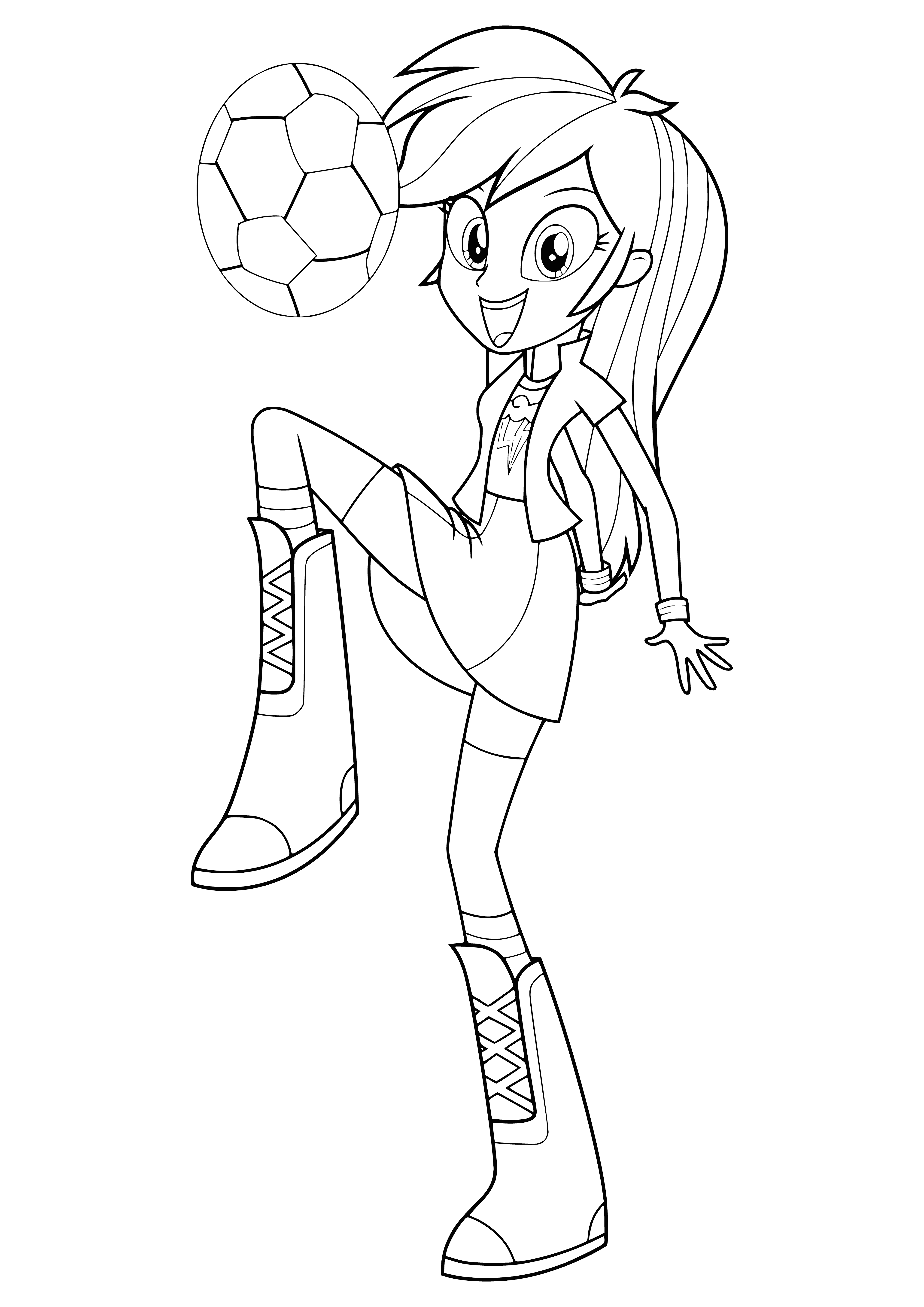 coloring page: Dash is an athletic blue girl with spiked ponytail, yellow/blue shirt, blue jean jacket, blue jeans, white sneakers w/blue laces. Cutie mark: rainbow lightning bolt.