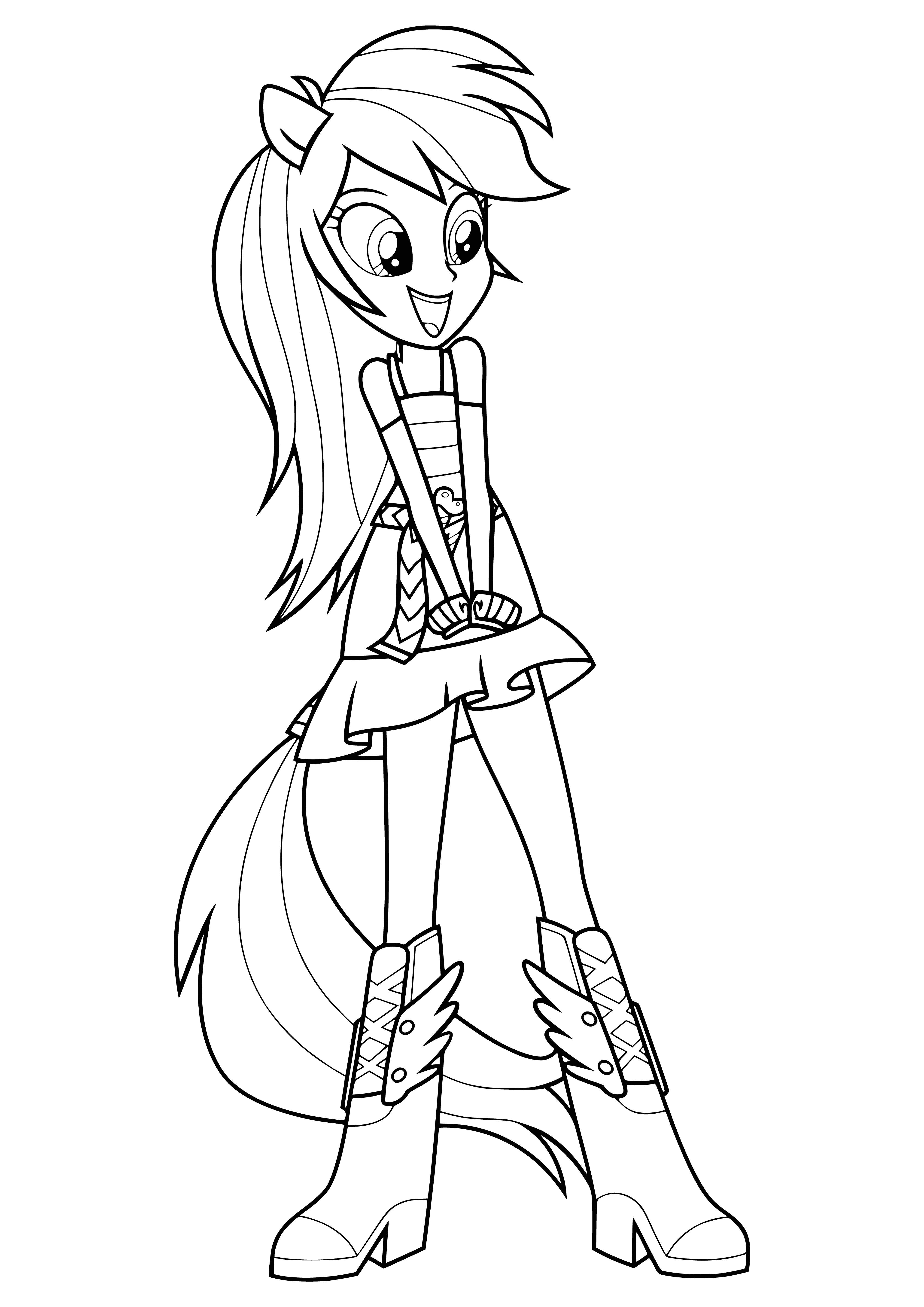coloring page: Rainbow Dash is a teenage girl with blue eyes, medium complexion, slender build, styled & messy blue/white hair, sleeveless shirt, blue jeans, white sneakers & blue/white cap worn backward.