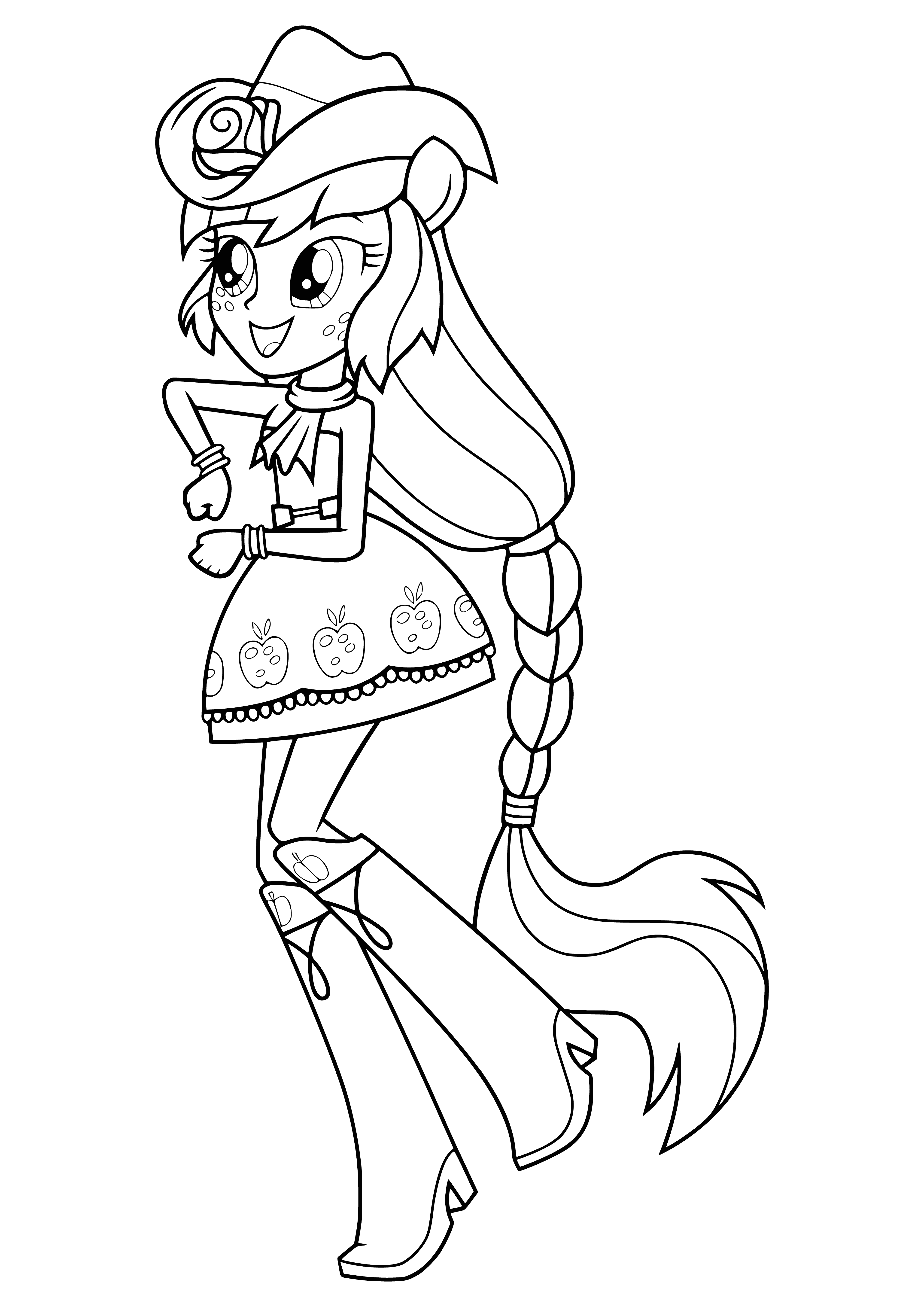 coloring page: Girl with bright orange hair in cowboy outfit, holds an apple and has rope coiled around arm. Wears hat w/ pink ribbon & silver belt buckle w/ horseshoe.