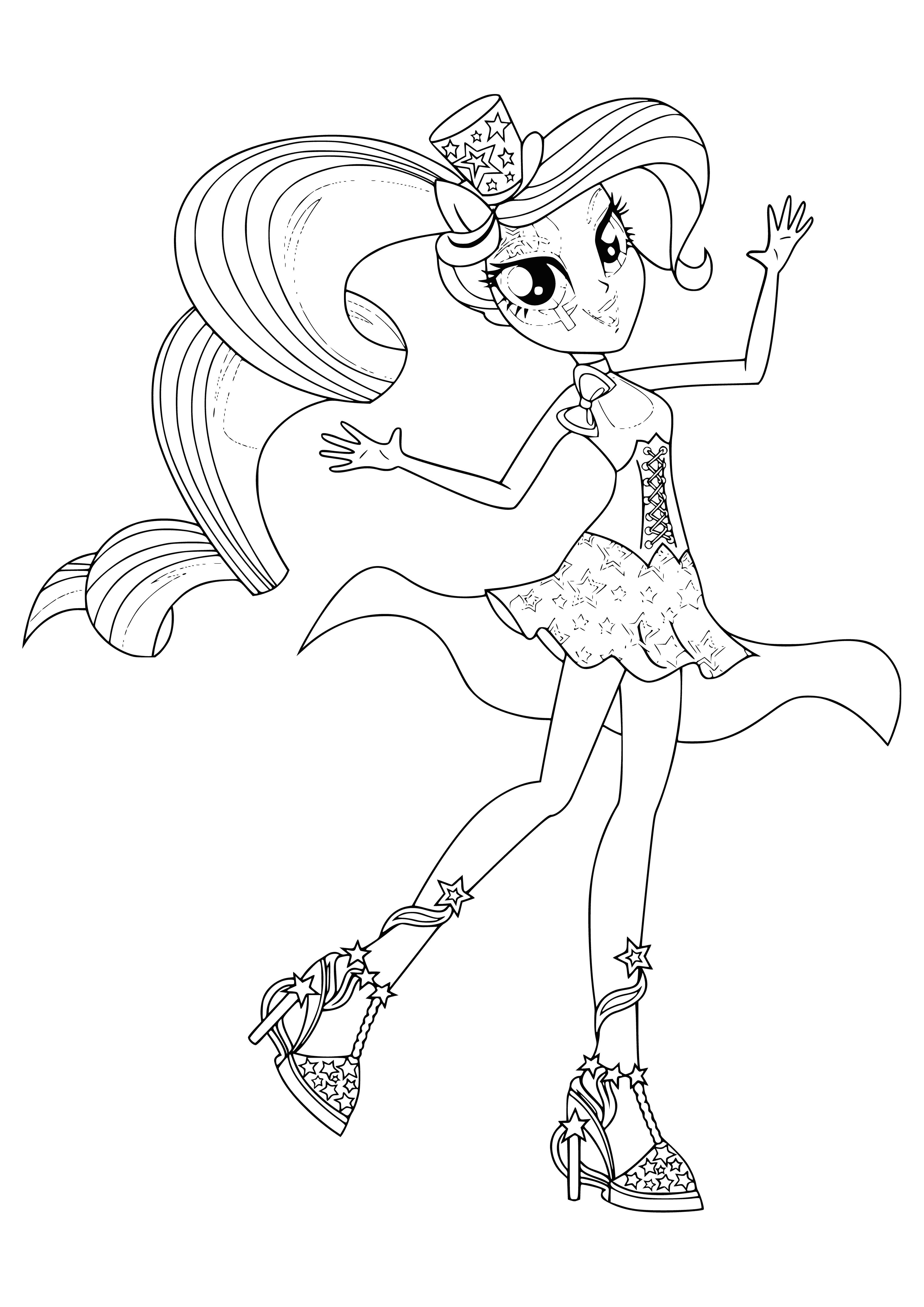 coloring page: Girl in sleeveless shirt w/ rainbow and blue skirt plays guitar w/ mic & amp on stage in front of crowd.