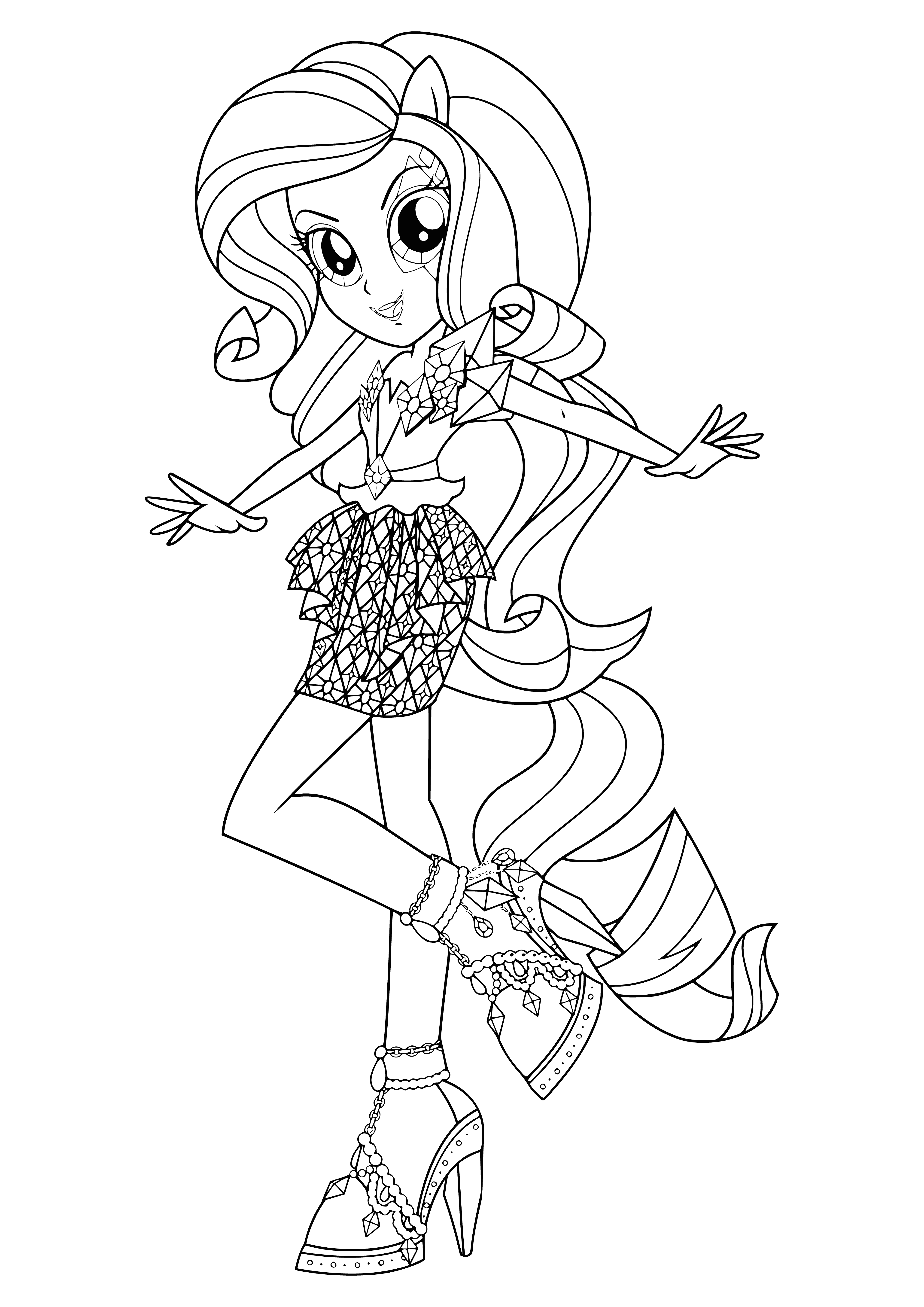 coloring page: Rarity stuns crowd in pink dress w/ sequined bodice, tulle skirt, side pony & pink ribbon. She holds mic, looks to left, awaiting applause.