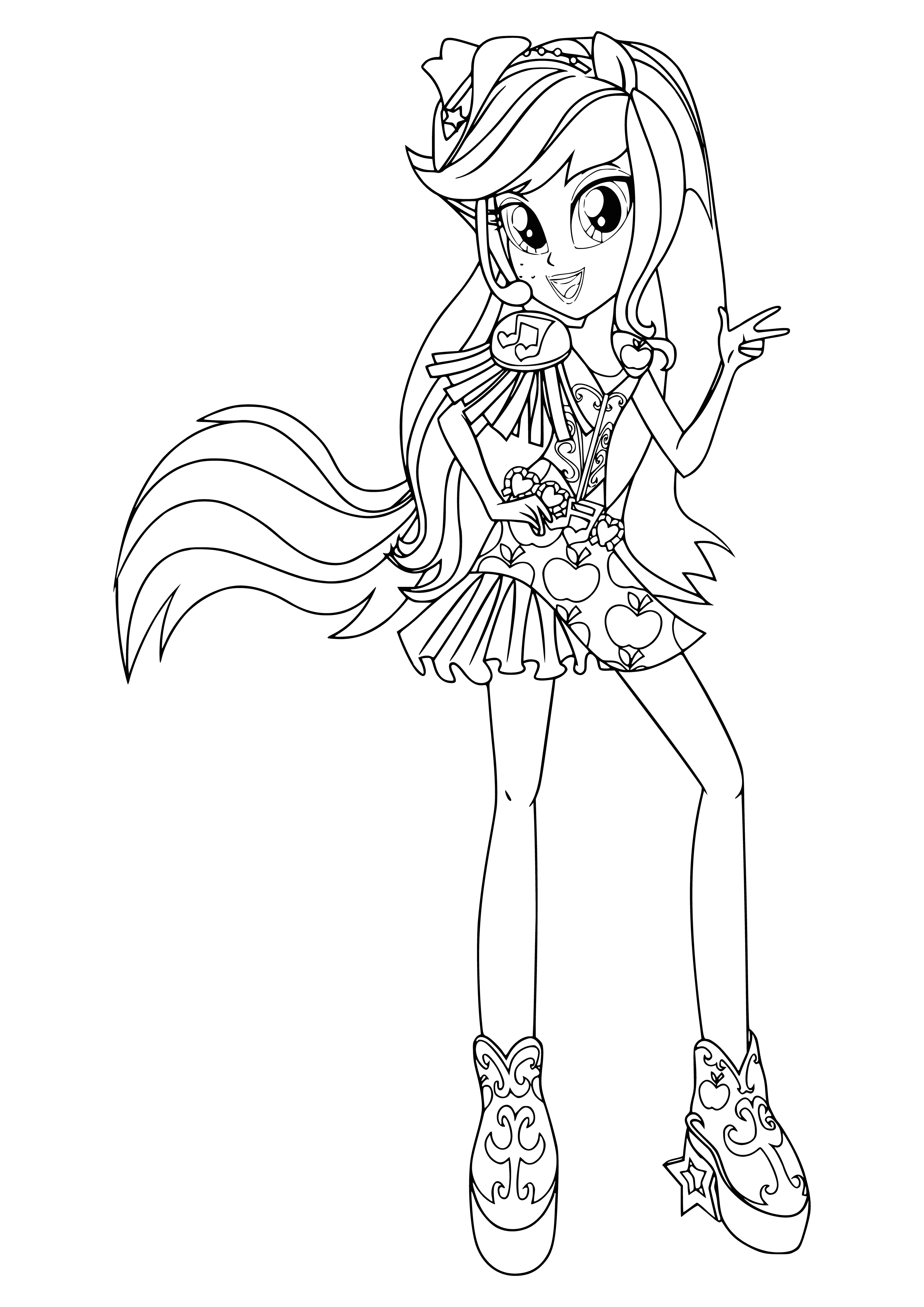 coloring page: Applejack, a teen with orange hair, plays guitar while wearing green & white checkered shirt, green jacket, & blue jeans.