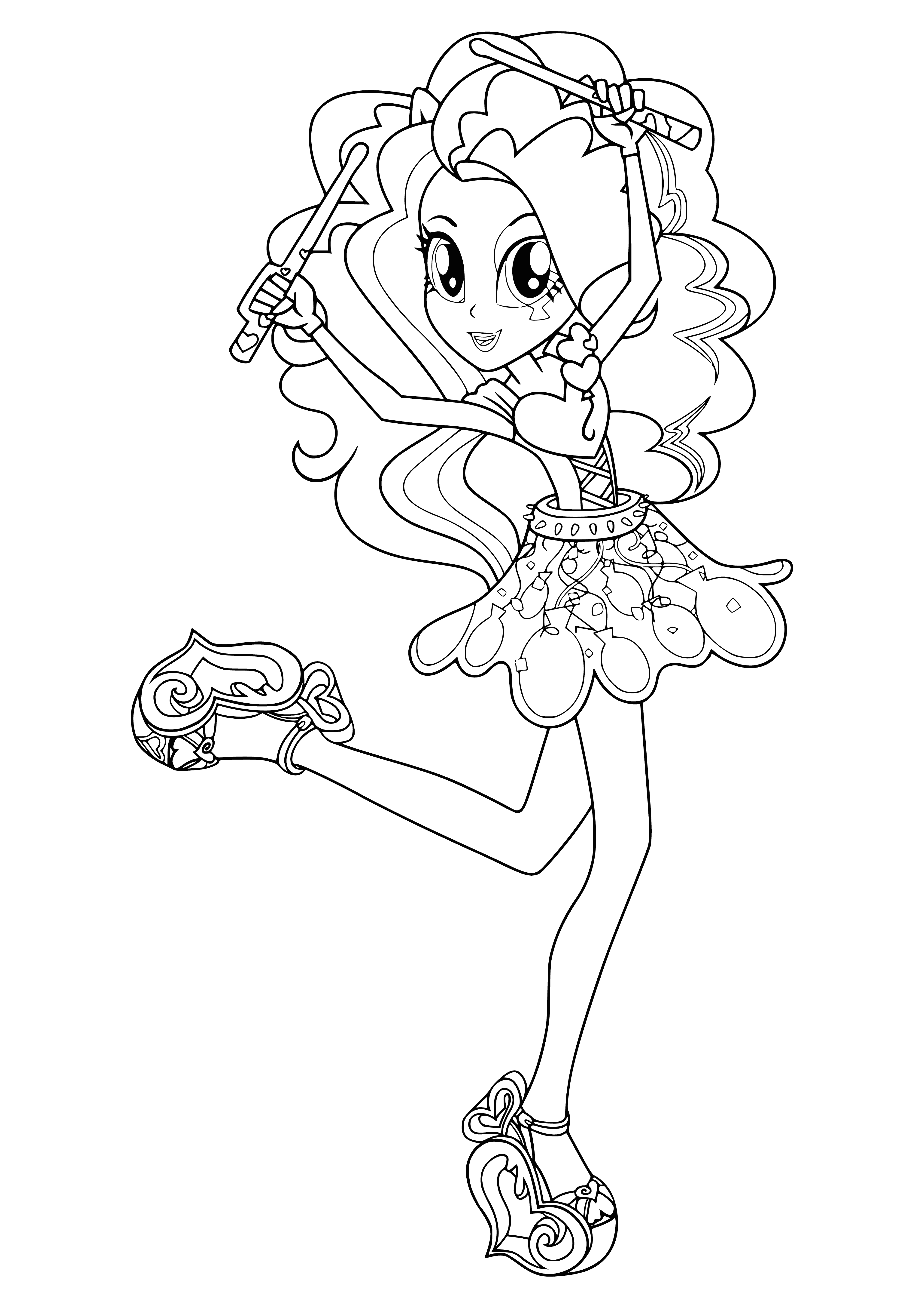 coloring page: The Equestria Girls: Pinkie Pie stands with a guitar in hand, in front of a rainbow, ready to rock! #RainbowRock