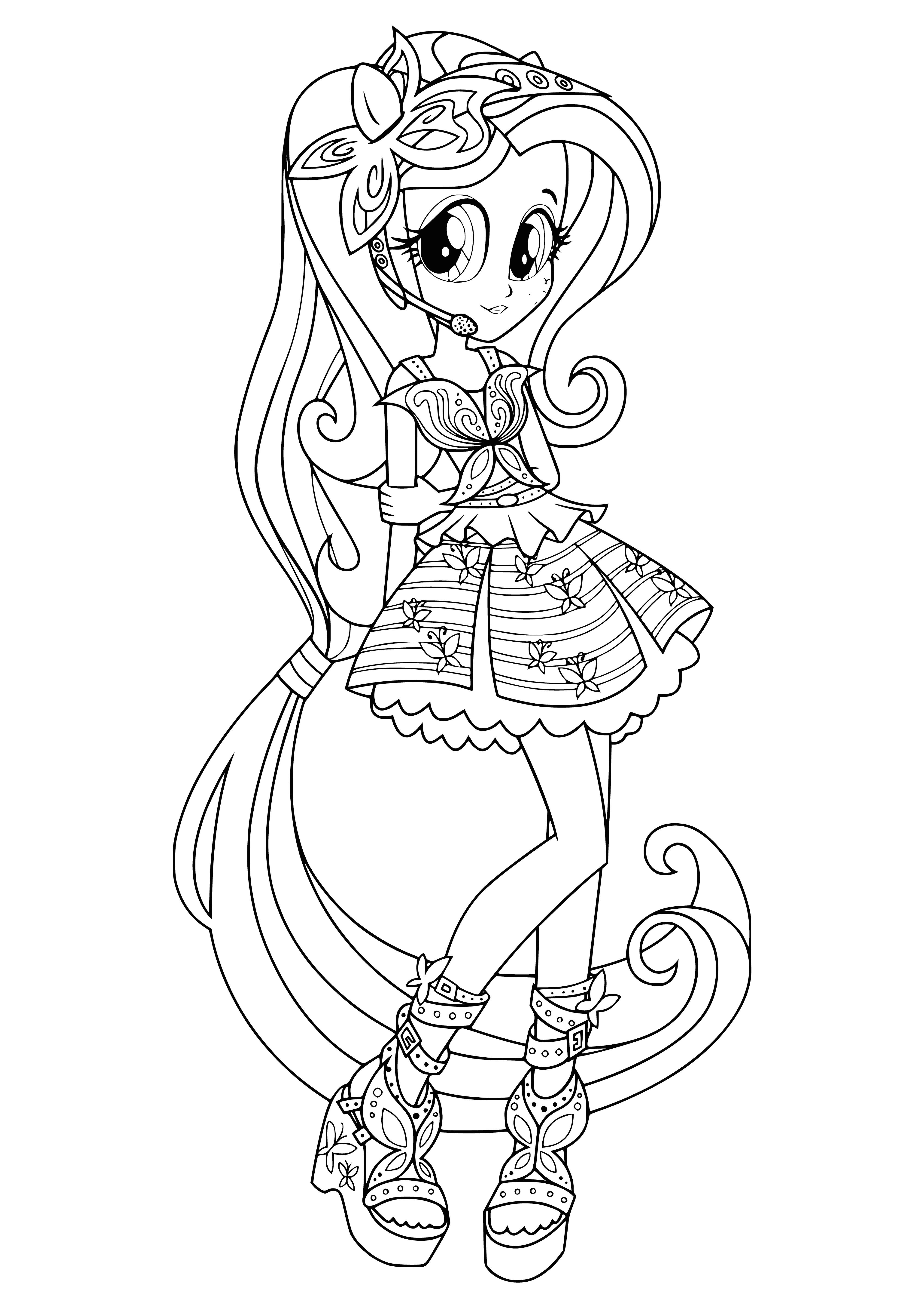 coloring page: Fluttershy is a pale yellow Pegasus with butterfly cutie mark, wearing a pink tank and lavender skirt, light blue headband with rainbow.