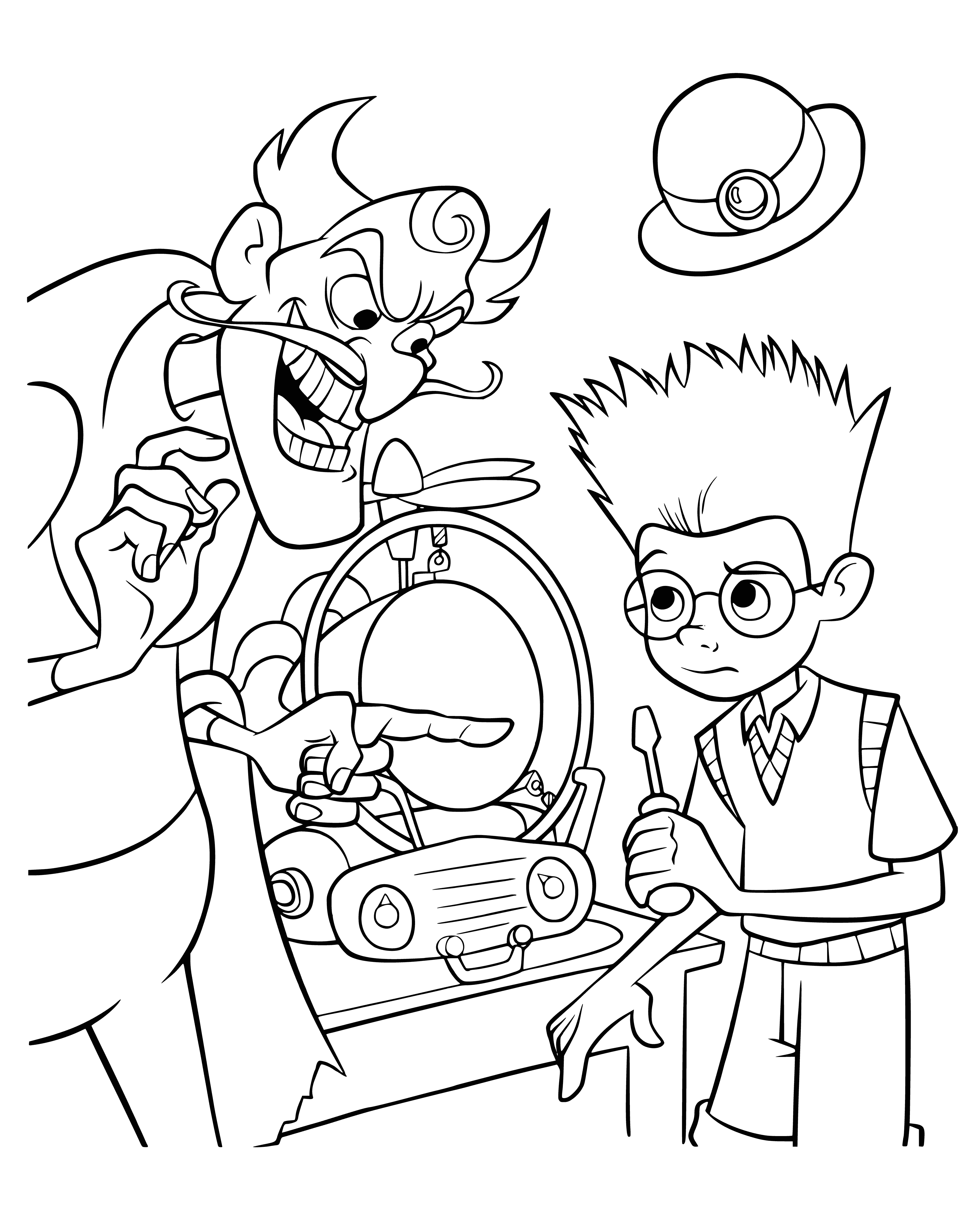 coloring page: Robinson villain is a menacing figure, intimidating Lewis with a curved blade, dark complexion, and hooded eyes.