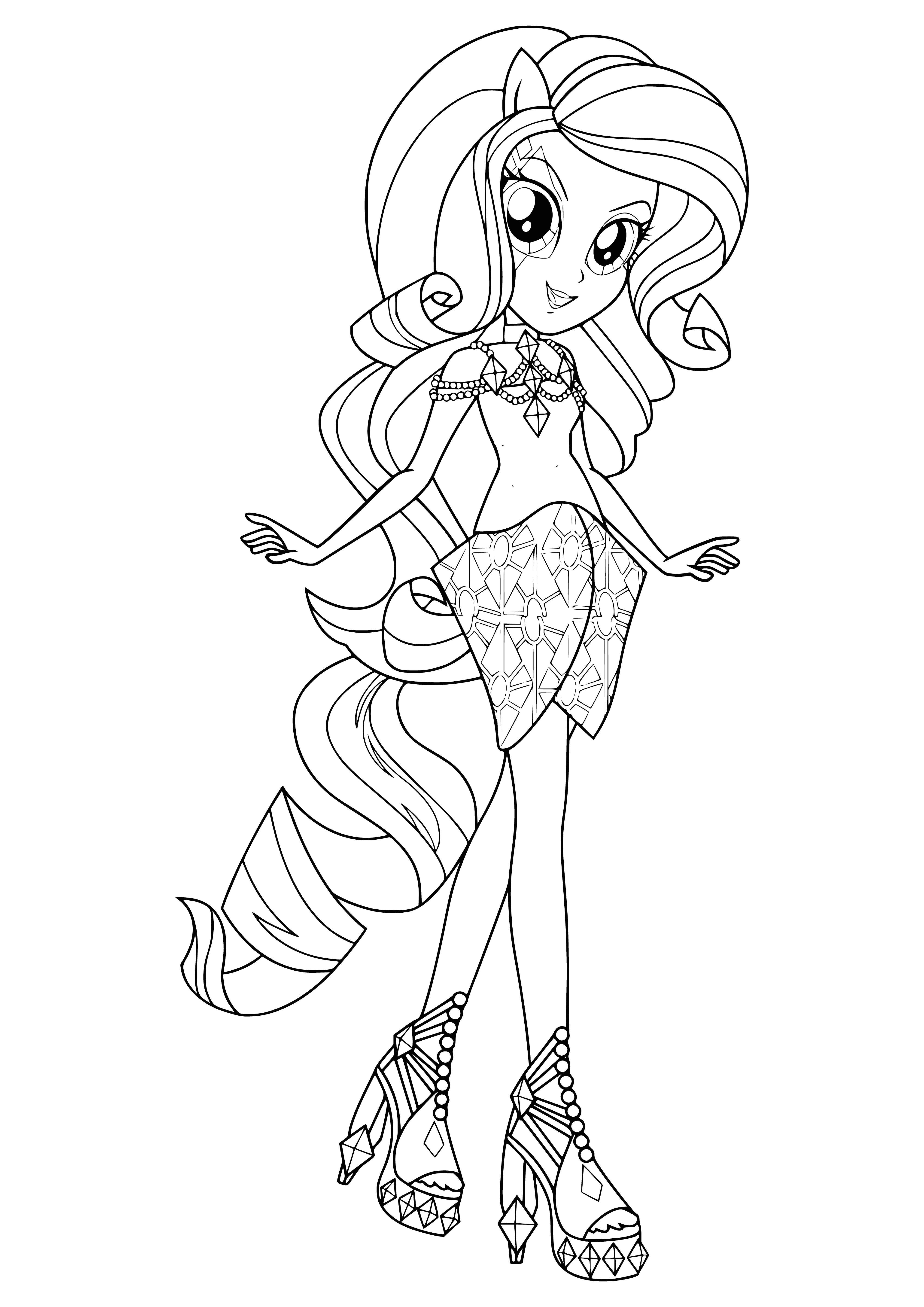 coloring page: Rarity is a stylish unicorn with blue eyes and long, blue hair wearing a lavender and white outfit and a silver tiara. Carrying a mic, ready to perform!