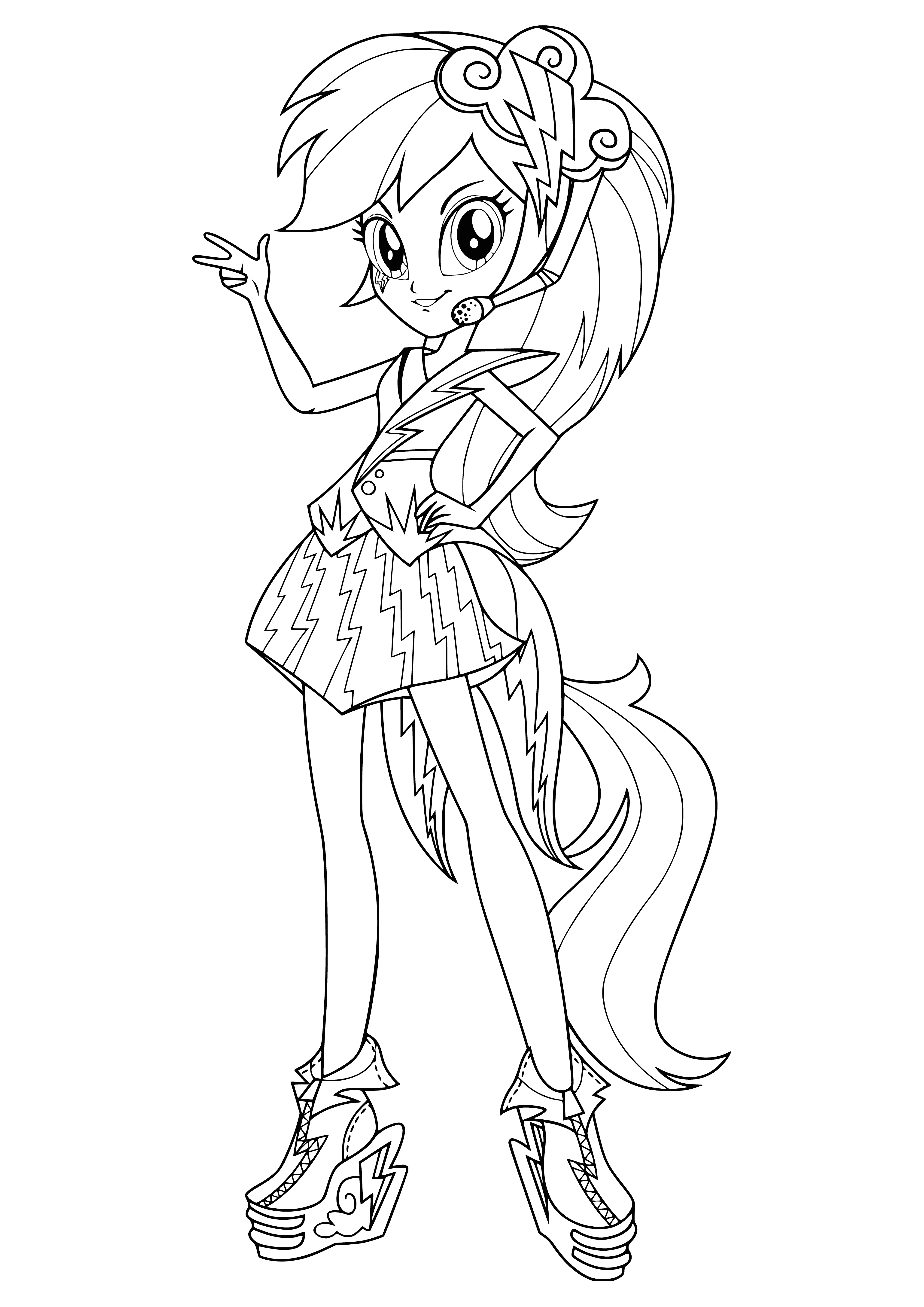 coloring page: Rainbow Dash is a teenage girl with blue eyes, purple hair and blue/yellow/pink clothes. Holding a white/purple guitar, she brings energy and style. #MyLittlePony