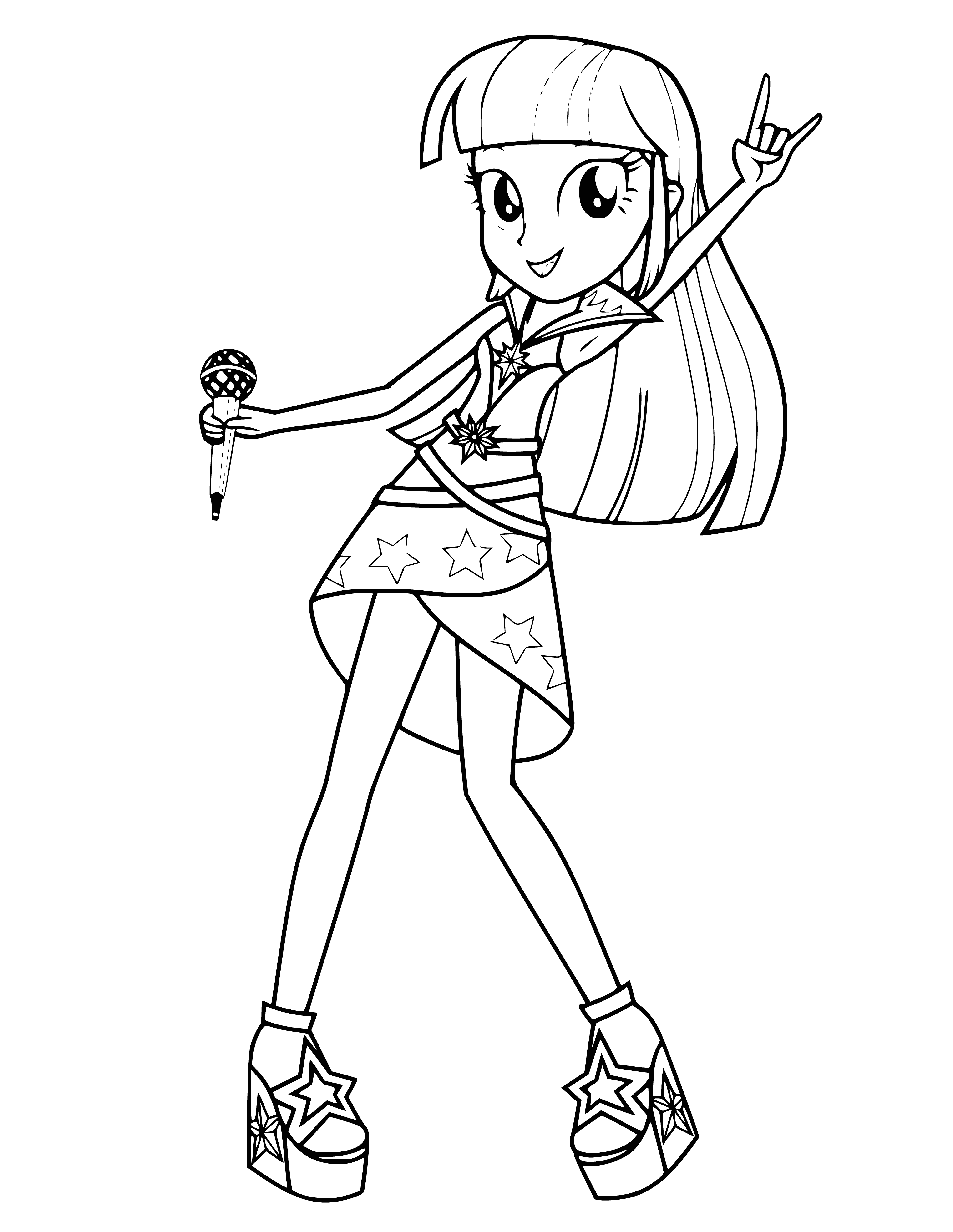 coloring page: Twilight Sparkle is a pink-haired human with blue eyes wearing a pink/purple outfit & holding a book.