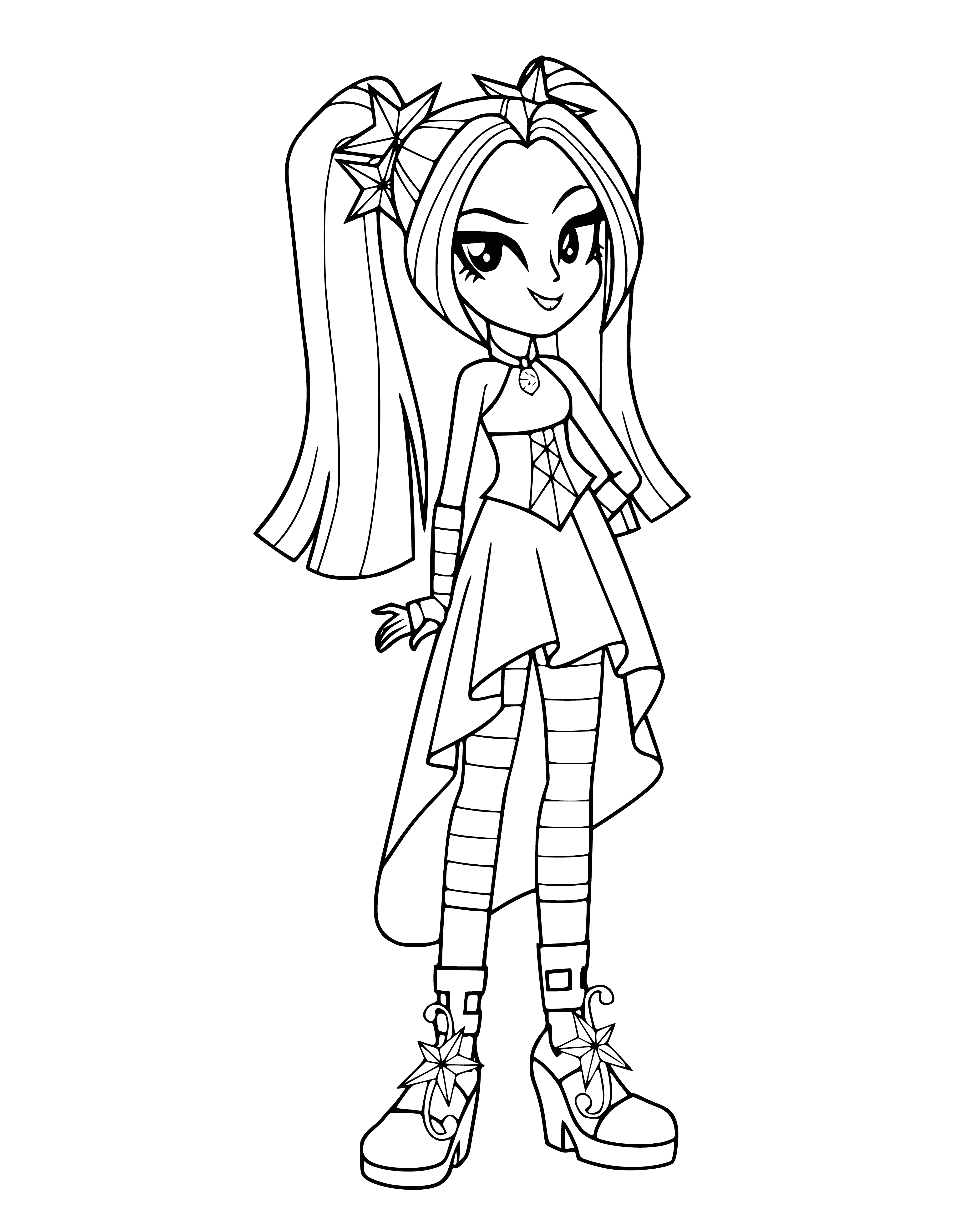 coloring page: Aria Blaze is an equestrian girl with magenta hair and light purple eyes. Wearing a magenta tank top with white fringe, plus leggings and white cowboy boots. Holding a microphone and with a silver star on her left cheek.