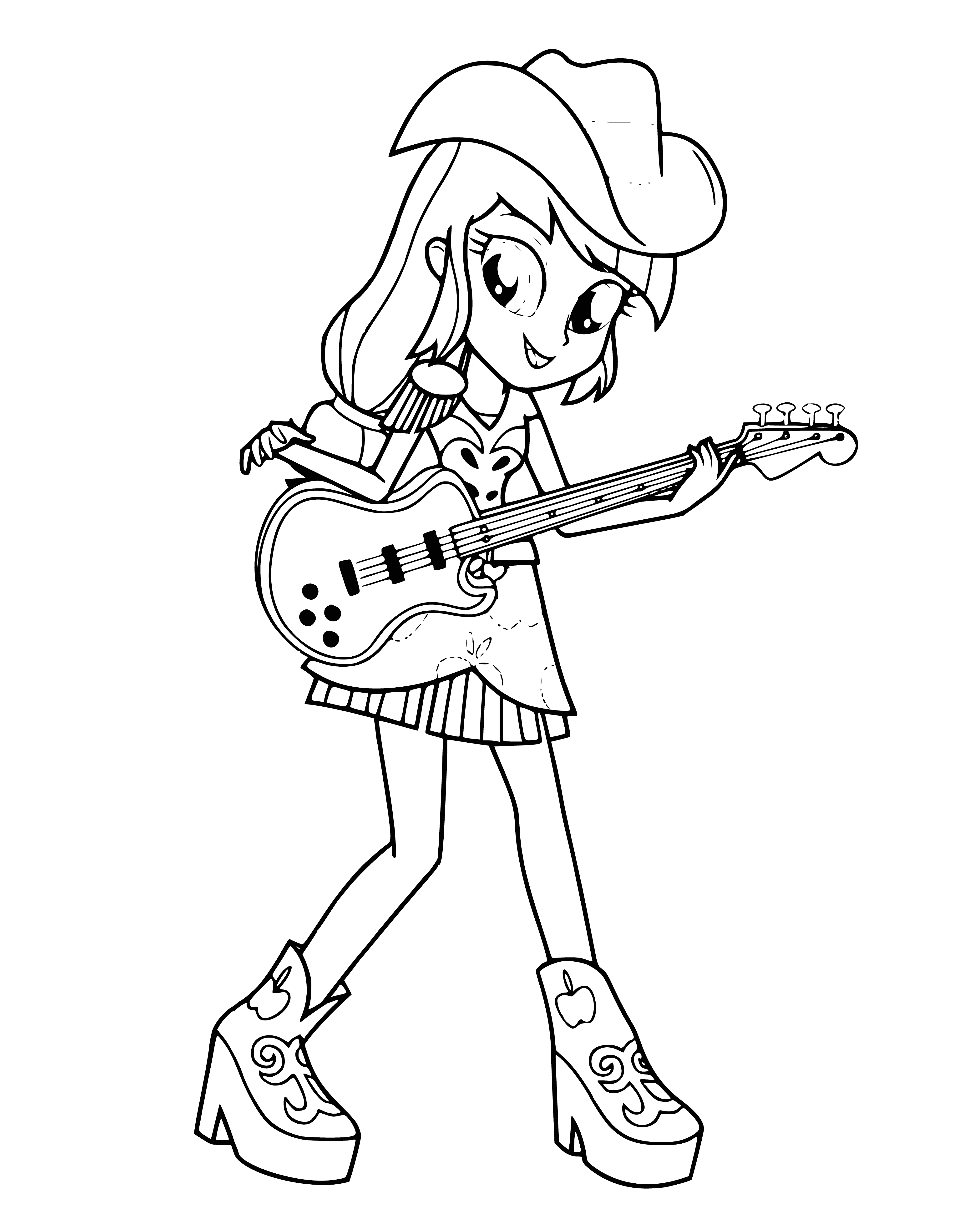 coloring page: Applejack is a fair-skinned, freckled girl with amber eyes and an orange mane with yellow streak. Wears green shirt, brown vest and belt, and cowboy boots. #MLPMYLittlePony