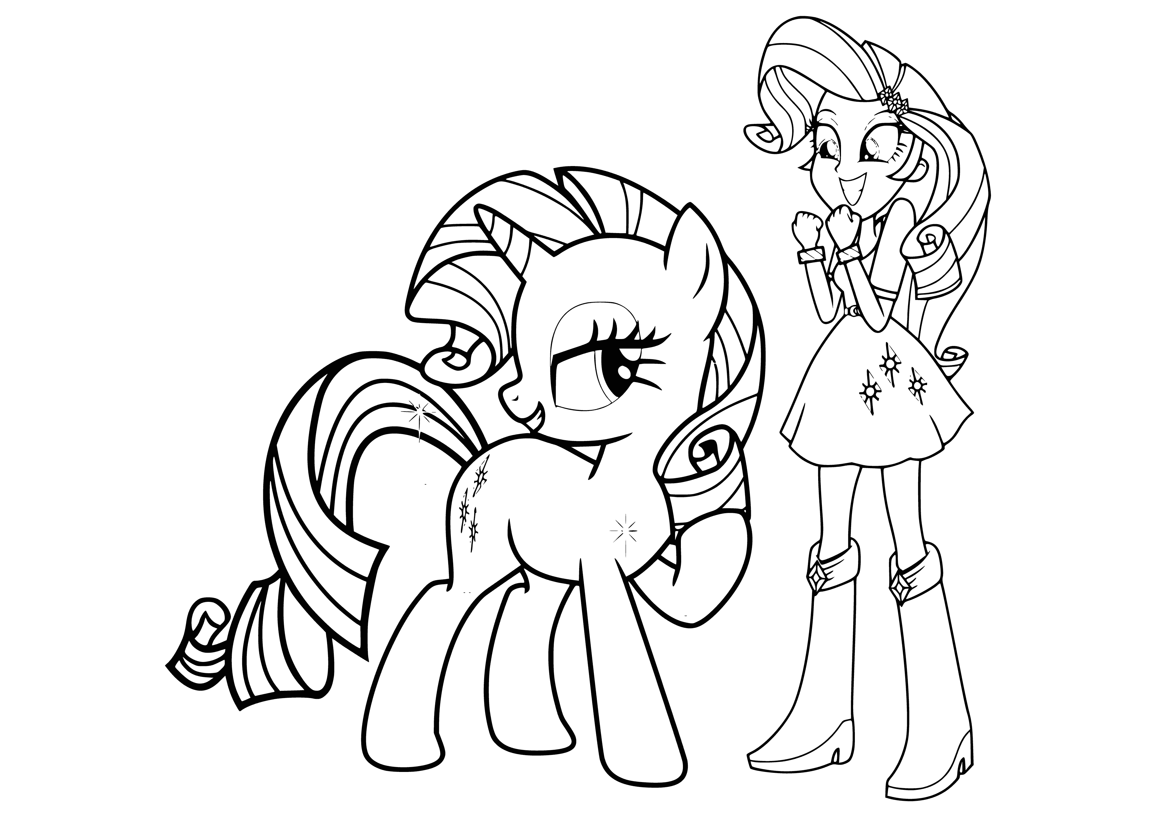 coloring page: Rarity is a kind pony & girl with blue eyes & long, white hair; always looking out for & helping friends in need.
