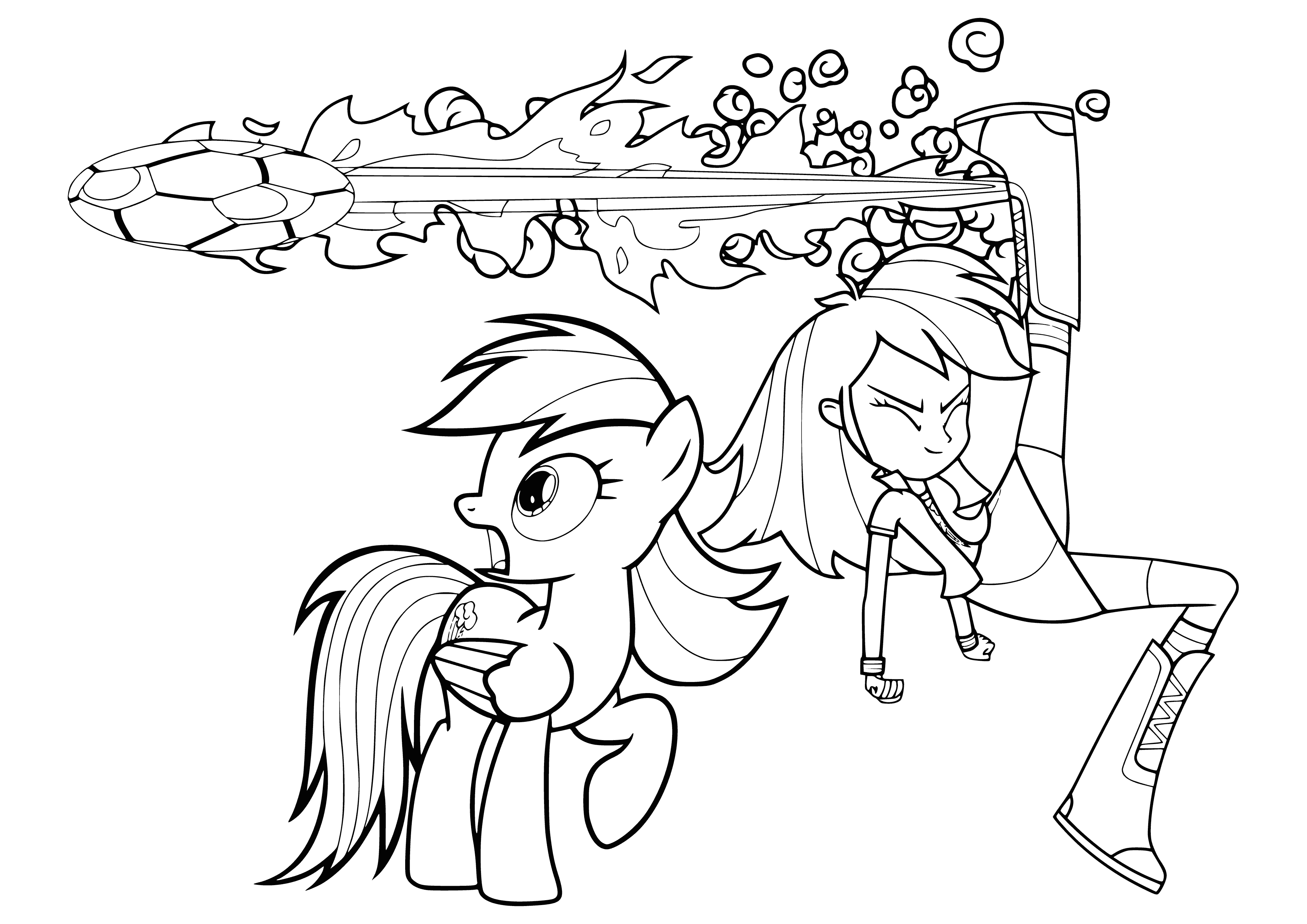 coloring page: Girl Rainbow Dash is on stage in blue & yellow hair, blue shirt w/ white lightning bolt, & blue bracelet. Pony Rainbow Dash is next to her, also wearing a blue bracelet.