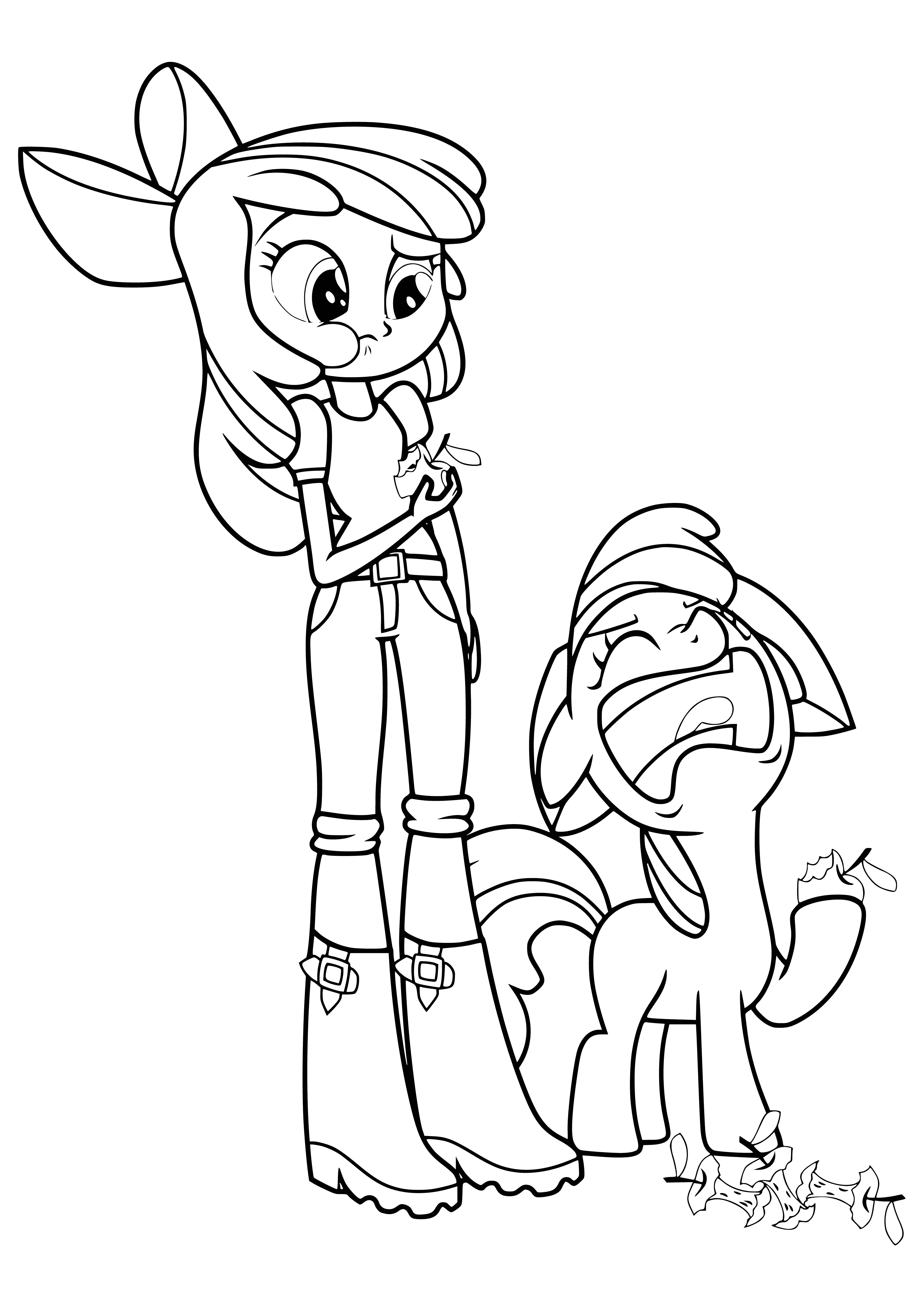 coloring page: Girl in pink & white with pony in pink & white standing together; blue bridle & jacket for girl. #equestrian