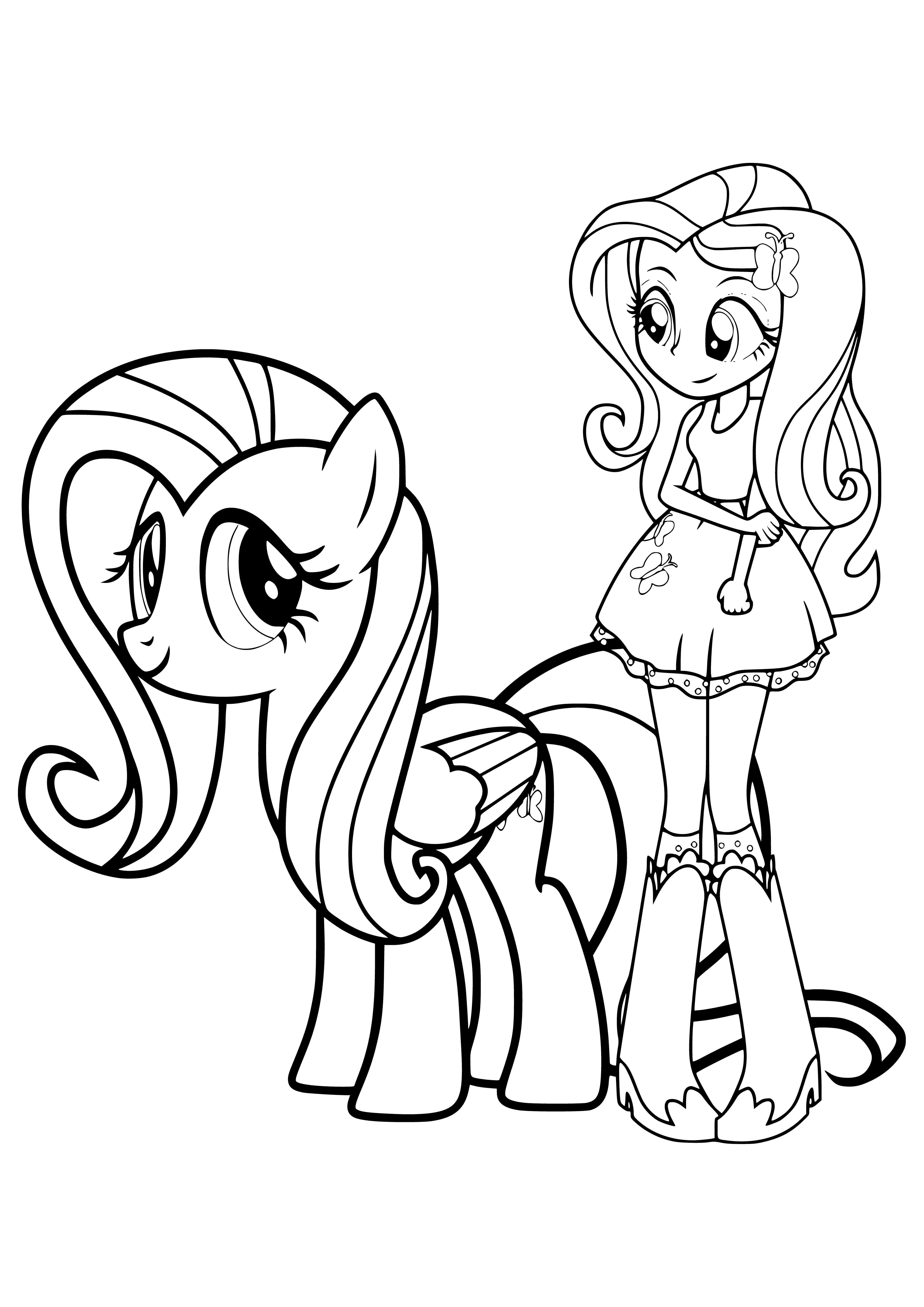 coloring page: Girl Fluttershy has long pink hair, light pink outfit & white shoes. Her pony counterpart has a light pink mane, tail, blue eyes & yellow-pink butterfly. Both Fluttershy's share a gentle, caring nature. #Fluttershy #girlpony #MyLittlePony
