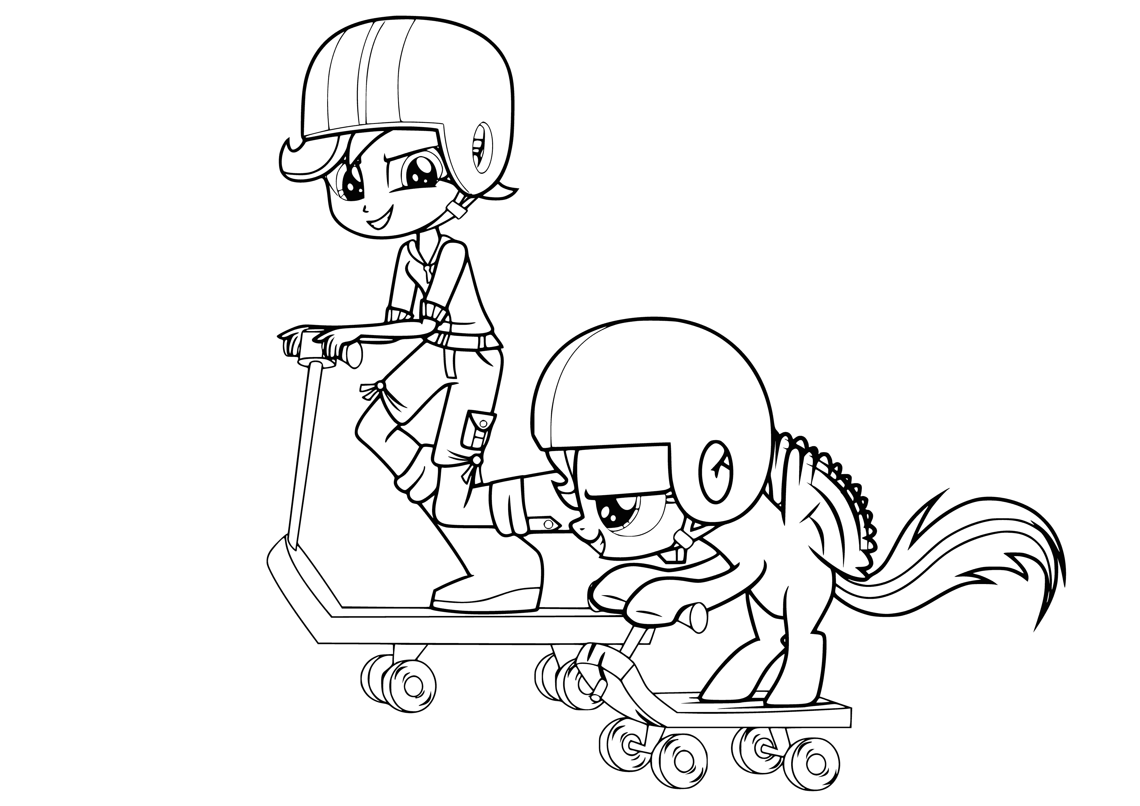 coloring page: Girl with orange hair smiles big as she rides scooter wearing purple shirt, blue jeans.