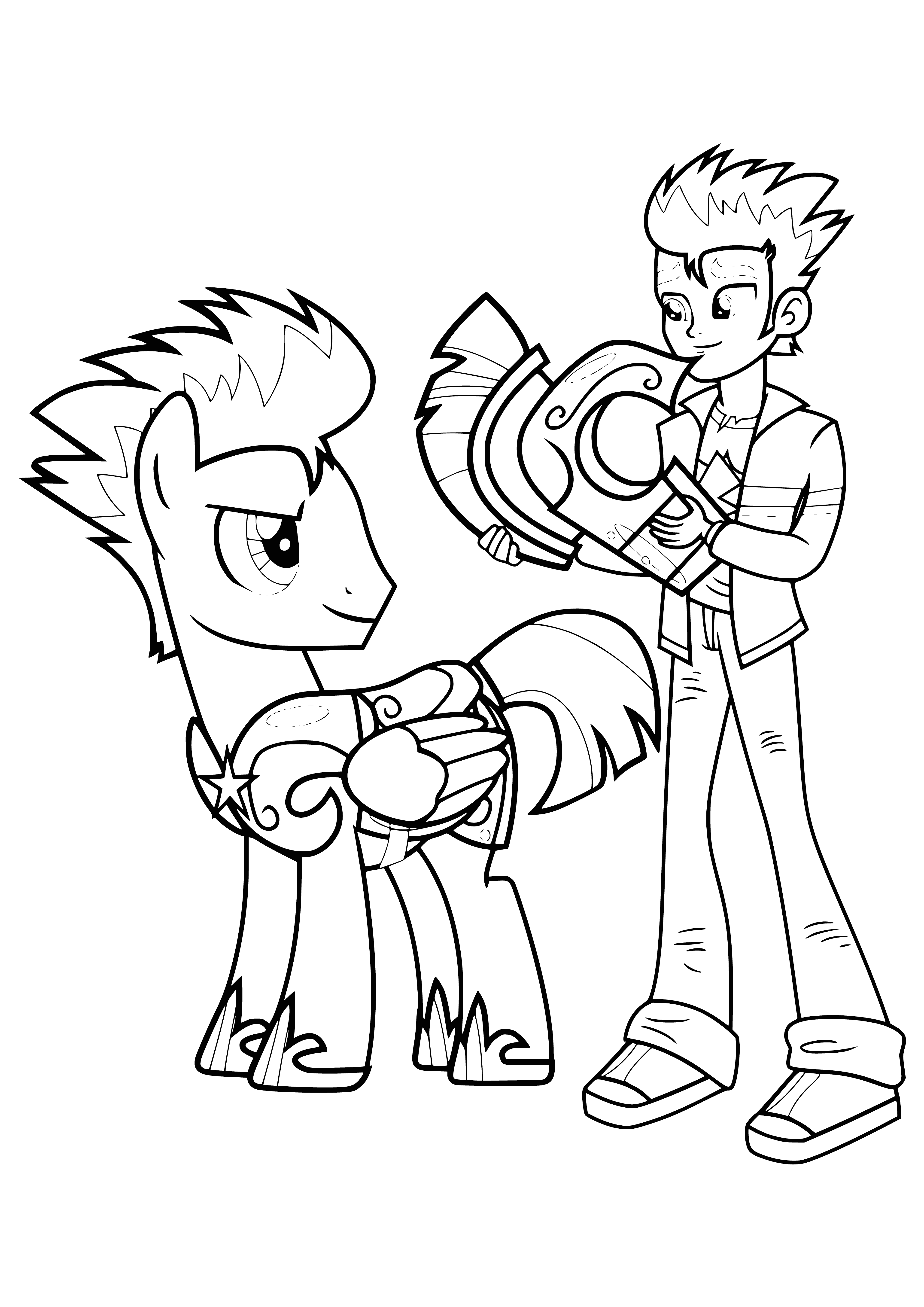 coloring page: Flash Sentry & her Pony counterpart: girl w/ pink hair & crown, boy w/ yellow hair; both blue eyes.