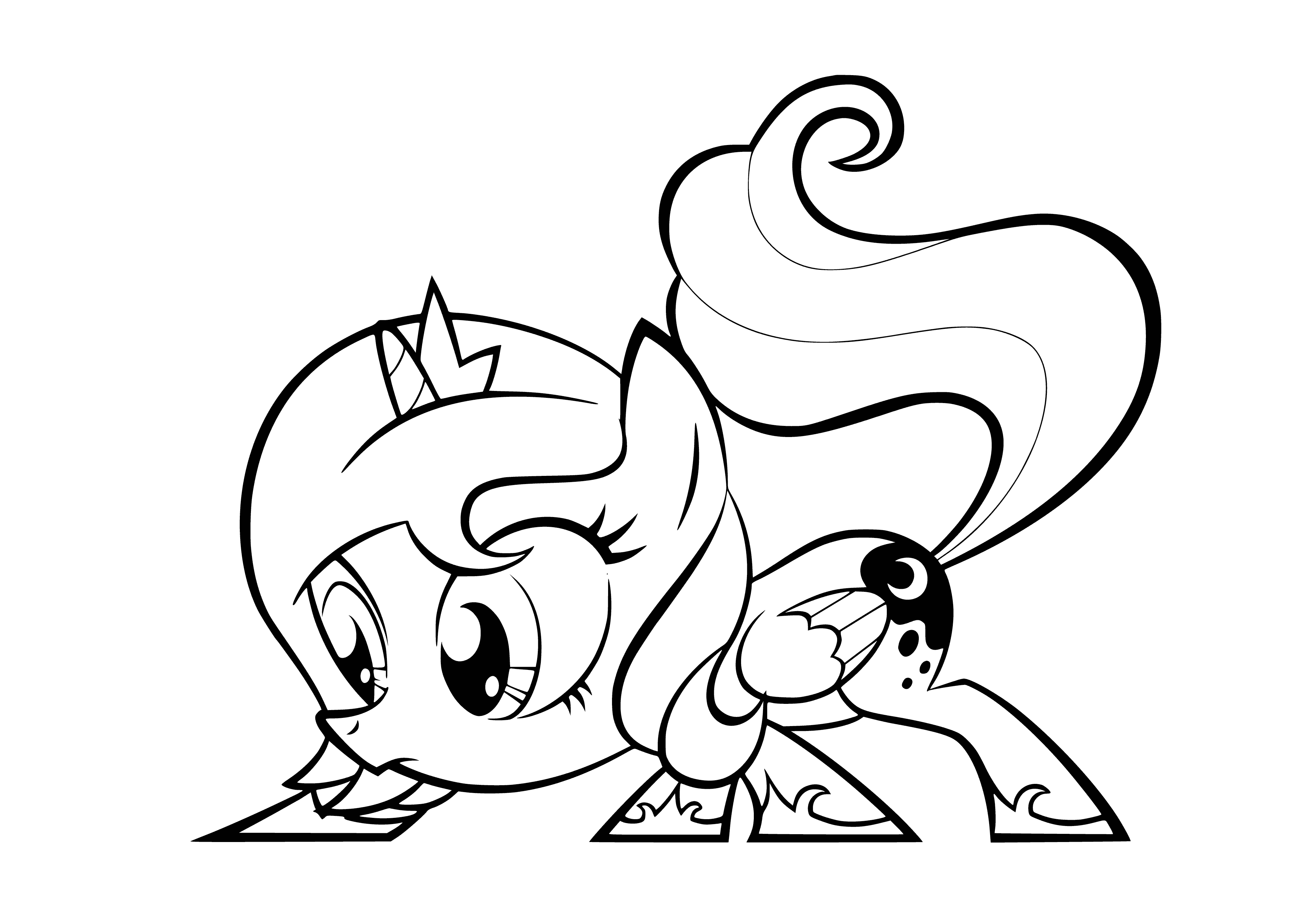 coloring page: Princess Luna is a cute and adorable baby, wearing a pink dress with a pink bow in her hair. Holding a pink teddy bear, she looks very content.